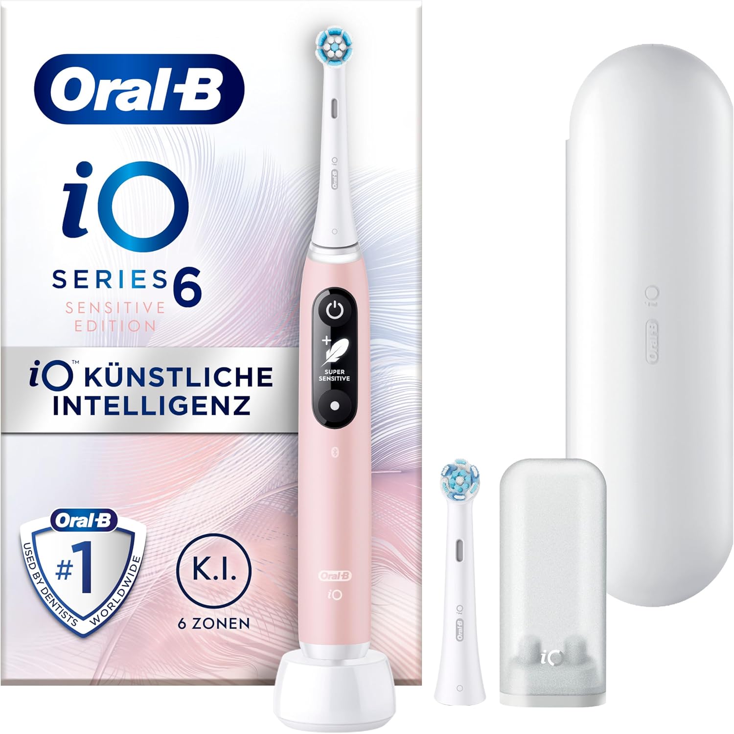 مسواک برقی اورال بی آمریکا Oral-B iO Series 6 Sensitive Edition Electric Tooth مسواک برقی، 2 سر مسواک 5 حالت مسواک زدن برای مراقبت از دندان صورتی