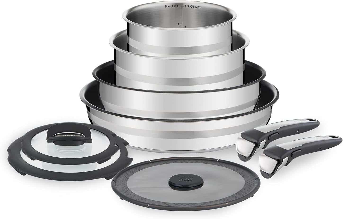 سرویس قابلمه 9 تکه تفال فرانسه اینجنیو جیمی الیور | L95691 | فولاد ضد زنگ | پوشش نچسب Titanium Excellence | ترمو اسپات | دسته قابل جابجایی | همه کاره | ایمن فر | مناسب برای القایی ست قابلمه + تابه 9 تکه