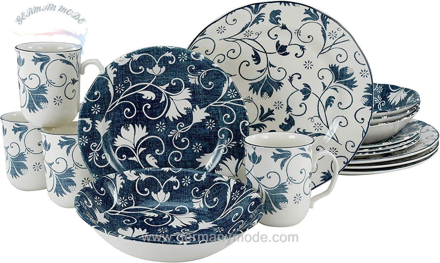 سرویس غذاخوری سفالی 16 پارچه 4 نفره کراتیبل CreaTable Kombiservice Damask 16-tlg.Blue -weiß