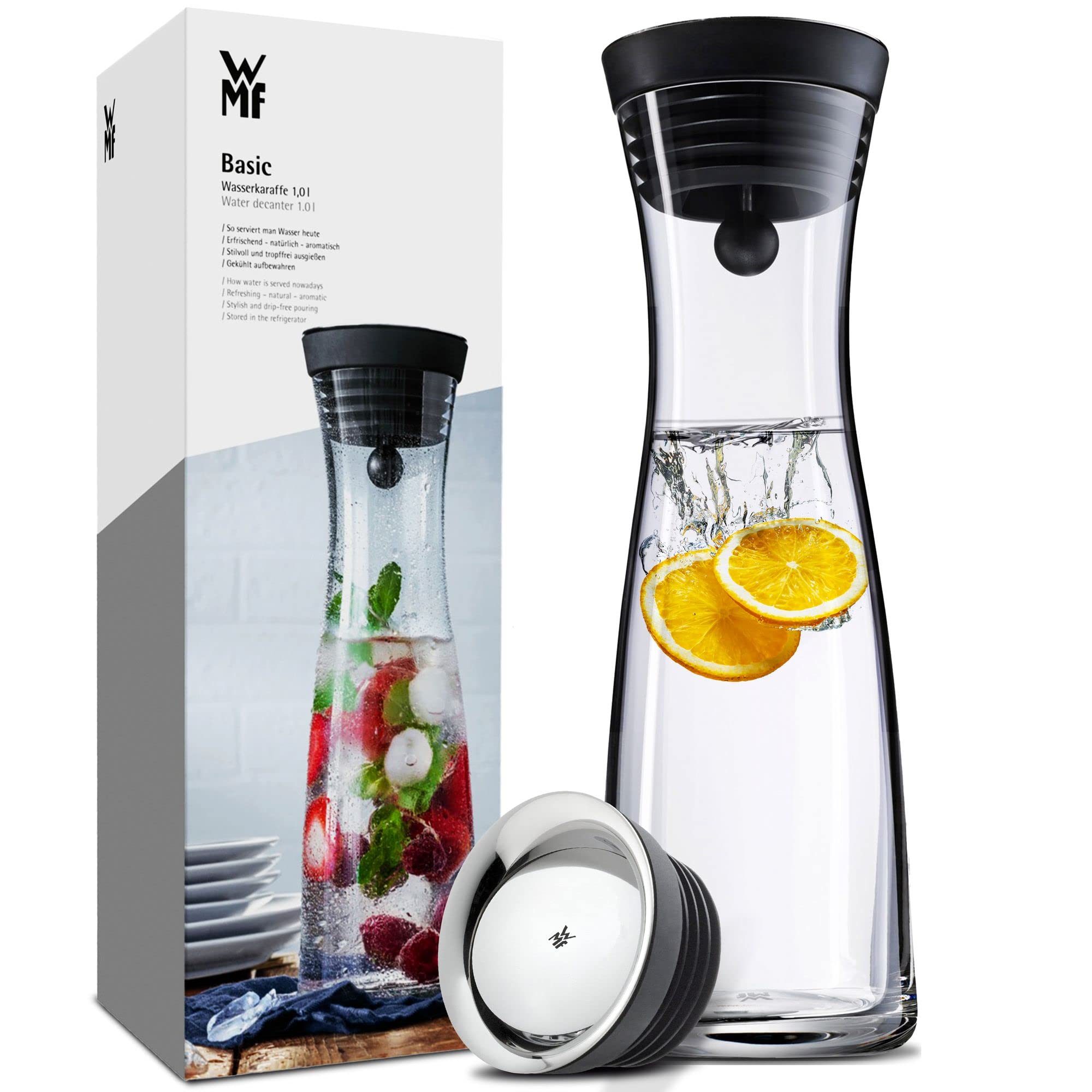 خرید از آمازون - قفسه آب شیشه ای WMF Basic 1 لیتری، قاب شیشه ای درب دار، درب سیلیکونی، بسته شدن کلوزآپ