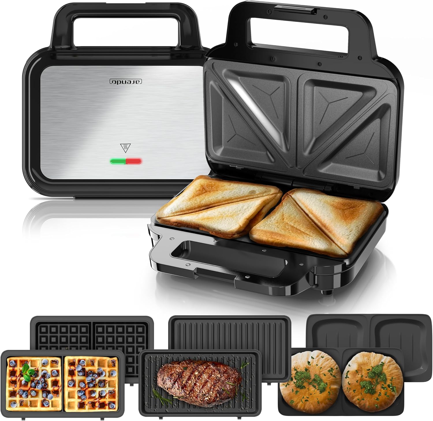 ساندویچ ساز 4 کاره با صفحات قابل تعویض آرندو آلمان Arendo - 4 in 1 Sandwichmaker وافل ساز دوتایی - گریل تماسی پانینی ساز - فاقد BPA و PFOA