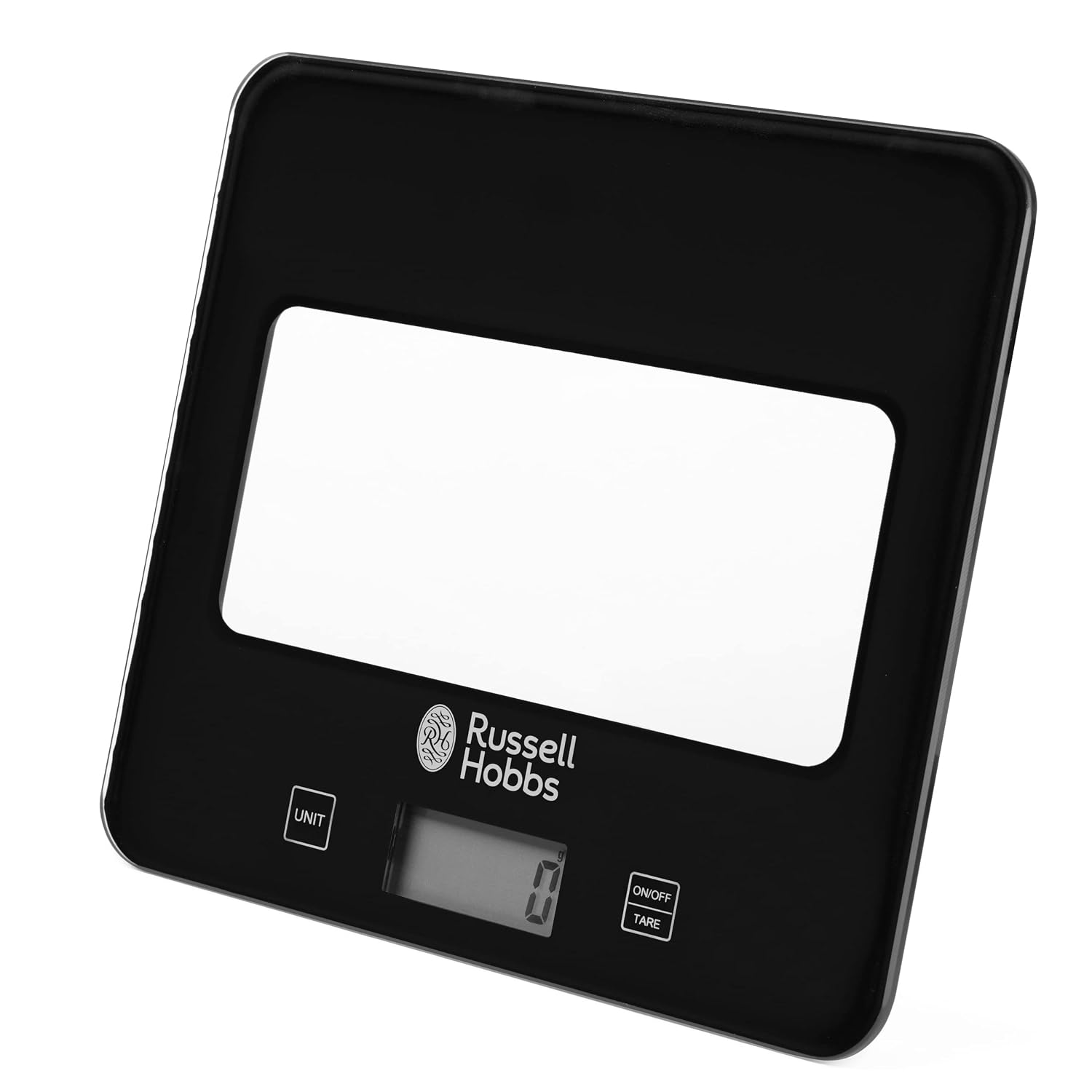 ترازو آشپزخانه دیجیتال راسل هابز انگلستان Russell Hobbs RH01571AR - ترازو الکترونیکی غذا با عملکرد تار، ترازو پخت و پز با ظرفیت 5 کیلوگرم، صفحه نمایش LCD، سکوی شیشه ای، باتری ها، 5 سال گارانتی مشکی