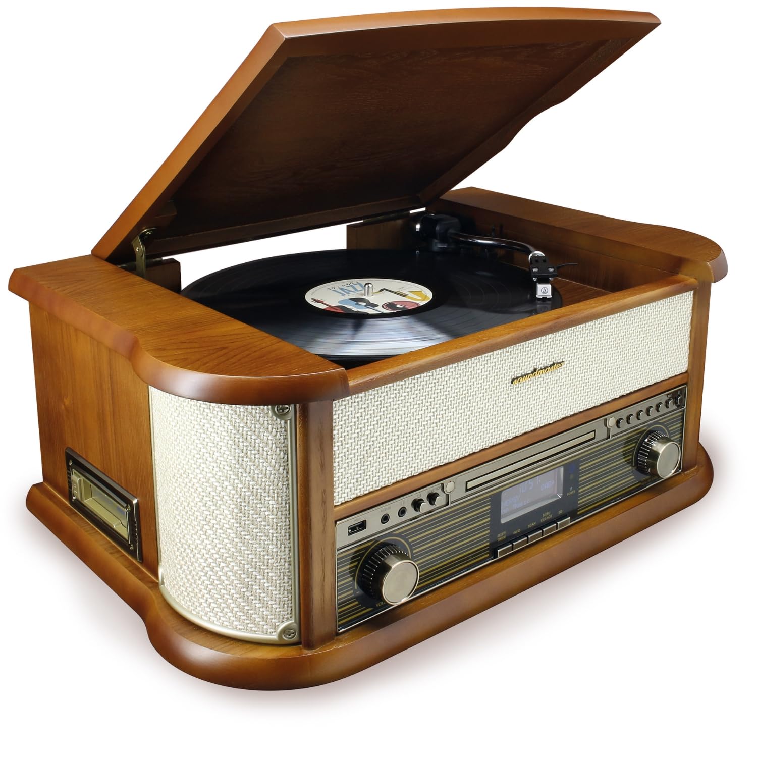 خرید از آمازون - Soundmaster NR566BE 7-in-1 سیستم استریو نوستالژیک با پخش کننده ضبط پیکاپ مغناطیسی Audio Technica | رادیو دیجیتال DAB+ | سی دی MP3 | USB | کاست | بلوتوث | تابع دیجیتالی شدن | اکولایزر بژ