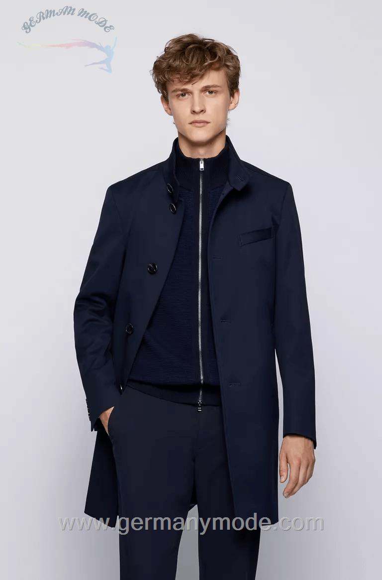 کت مردانه بلند هوگو باس آلمان BOSS HUGO SLIM-FIT MANTEL AUS REINER BAUMWOLLE MIT STEHKRAGEN