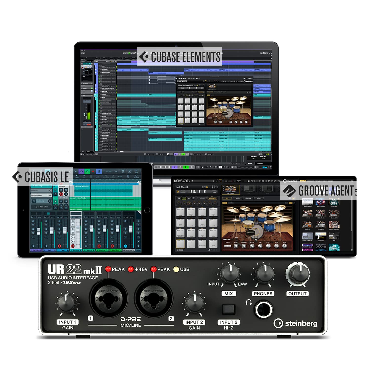 خرید از آمازون - Steinberg UR22mkII Value Edition - رابط صوتی UR22mkII USB 2.0 و بسته نرم افزاری گسترده، لوازم جانبی ضبط (از جمله Cubase Elements، Cubasis LE، Groove Agent 5 Drum Studio و موارد دیگر) رابط صوتی - Value Edition Single
