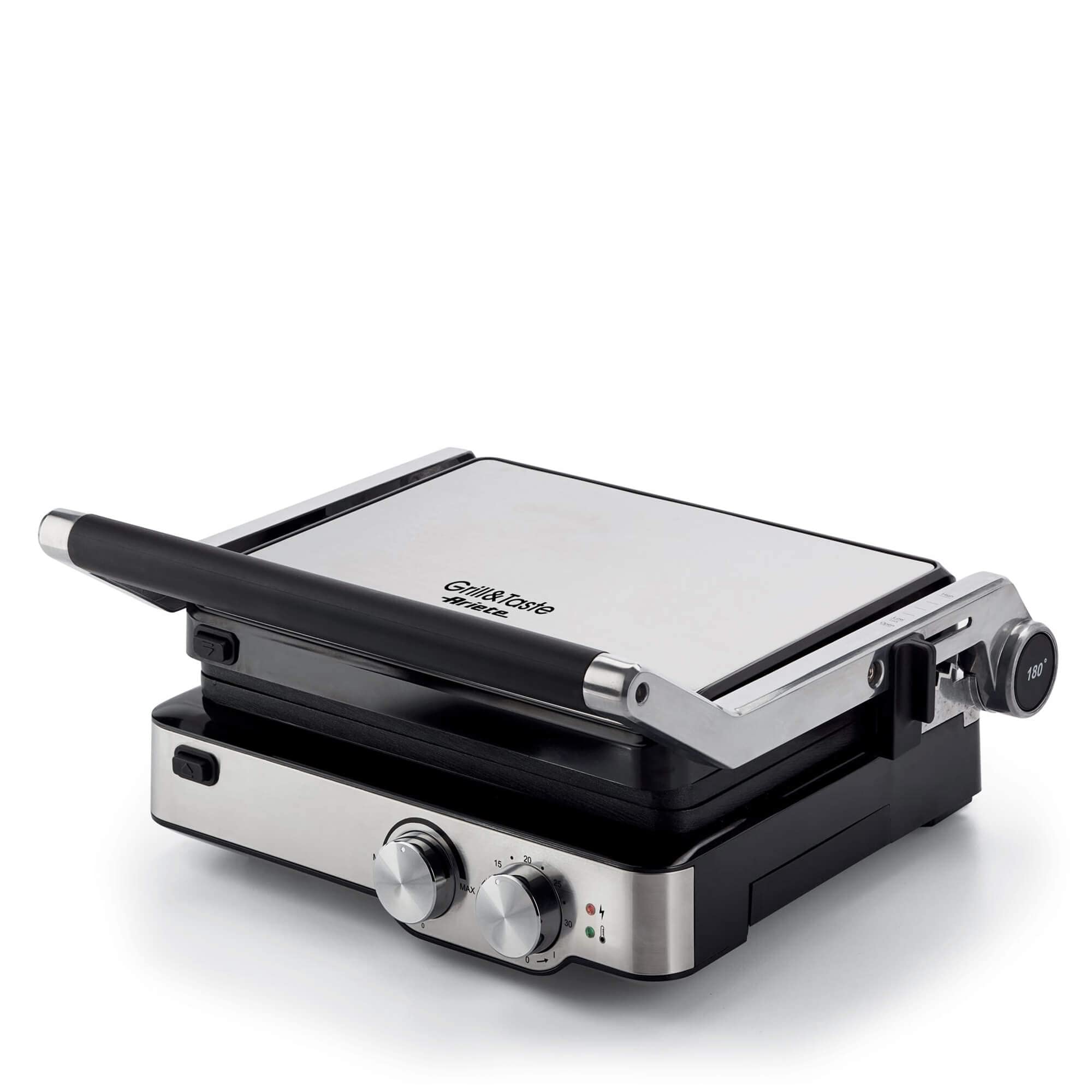 گریل برقی Ariete 1918 Grill&Taste، 2000 وات، صفحات قابل جابجایی، صفحه شناور، 5 سطح دما، بازشو 180 درجه، دسته لمسی خنک، صفحه 29 x 23 سانتی متر، فولاد ضد زنگ 1018