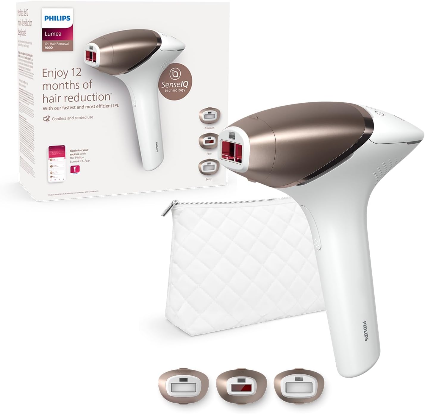 لیزر بدن بانوان فیلیپس هلند لومیای Philips Lumea IPL 9000 Series BRI955/00 دستگاه رفع موهای زائد با IPL، جایگزین لیزر موهای زائد، فناوری SenseIQ، ۳ سری اتصال برای بدن