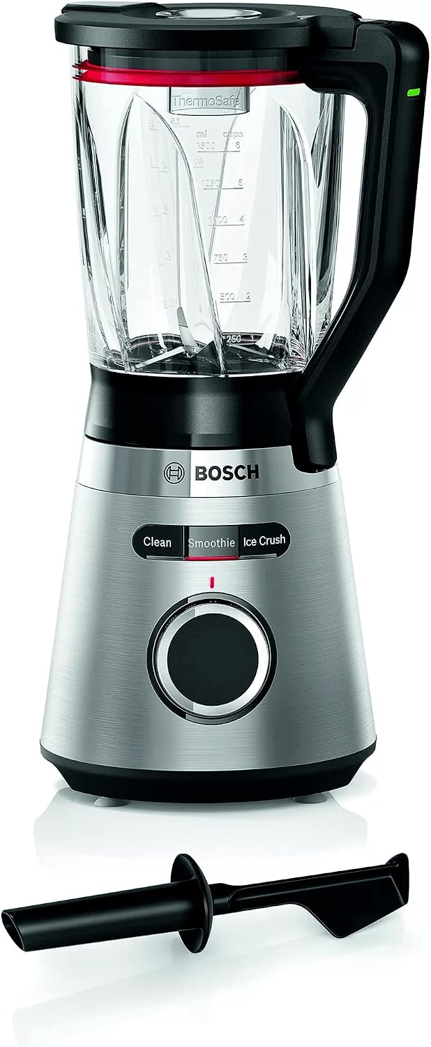 مخلوط کن بوش آلمان Bosch MMB6382M، تیغه های فولادی ضد زنگ ساخت آلمان، ظرف شیشه ای 1.5 لیتری ThermoSafe، فشار دهنده، درب ایمنی 30000 دور در دقیقه، 1200 W