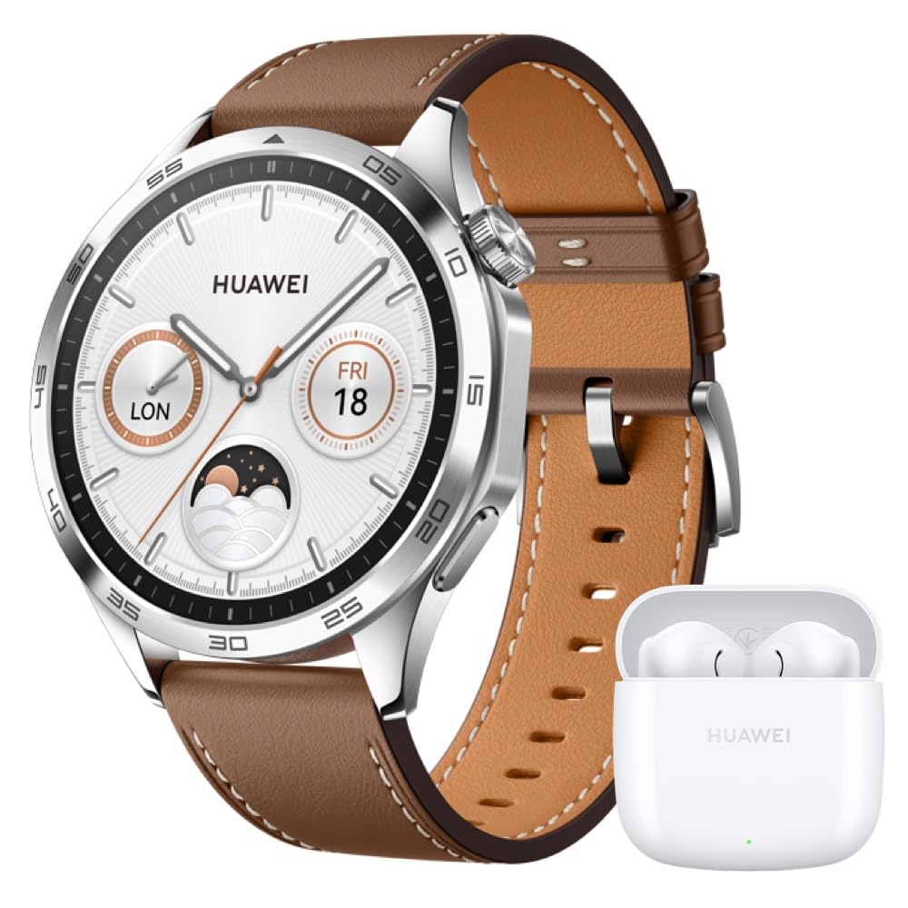 خرید از آمازون - ساعت هوشمند HUAWEI WATCH GT 4 46mm، عمر باتری تا 2 هفته، Android و iOS، مدیریت کالری، مدیریت حرفه ای سلامت، SpO2، GPS، نسخه آلمانی، Braun+FreeBuds SE 2