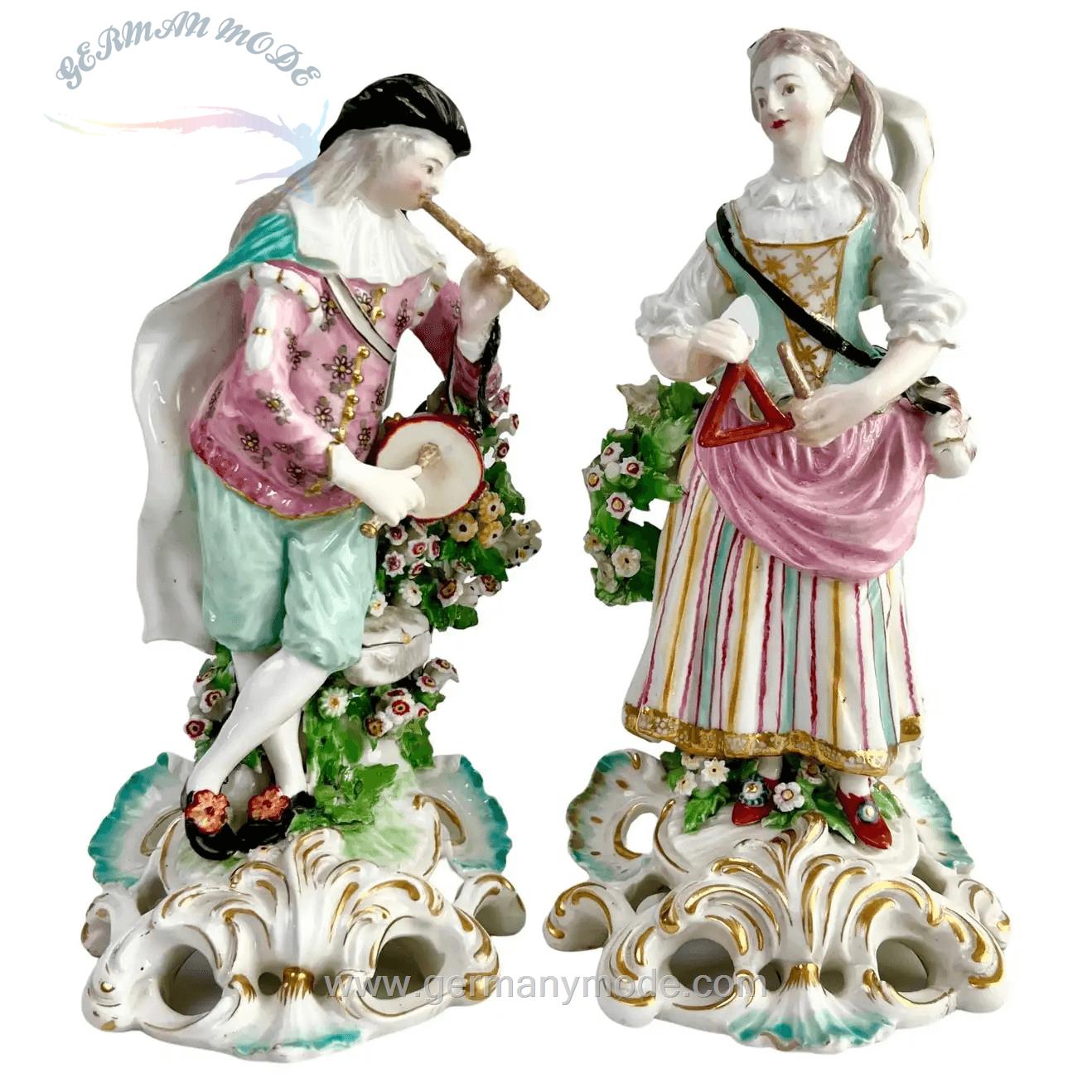 مجسمه نقاشی با دست دکوری چینی آنتیک قدیمی Derby Porzellanfiguren Idyllic Musicians Rokoko um 1765 Paar