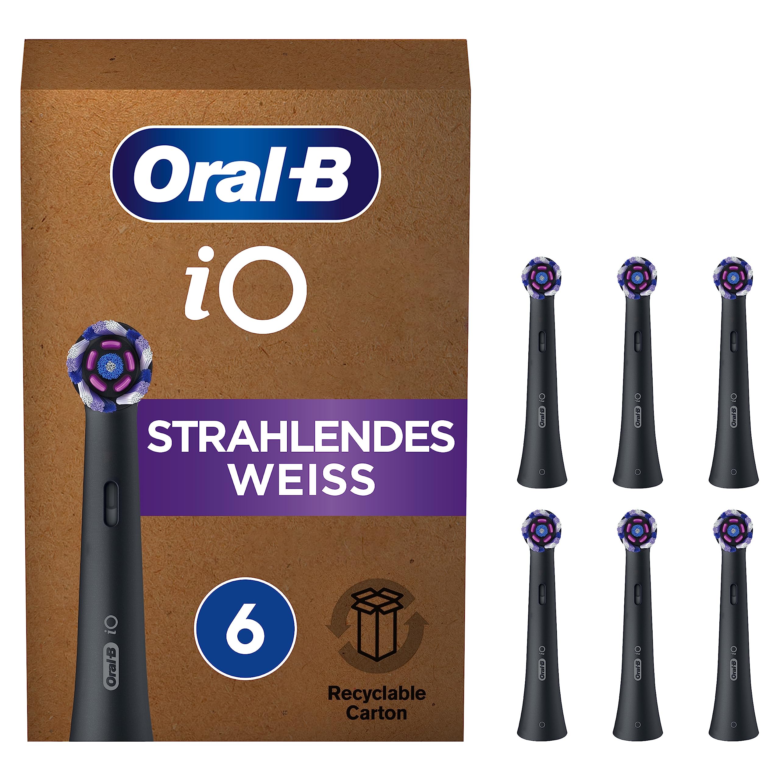 خرید از آمازون - Oral-B iO Strahlendes Weiss Aufsteckbürsten für elektrische Zahnbürste, 6 Stück, Zahnreinigung, Zahnbürstenaufsatz für Oral-B Zahnbürsten, briefkastenfähige Verpackung, Made in Germany, schwarz