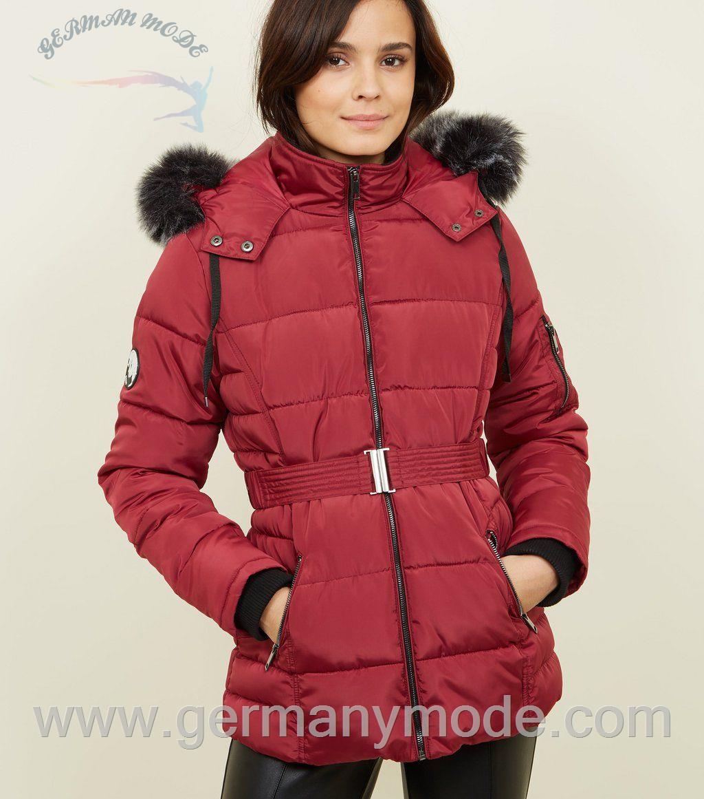 کاپشن زنانه نیولوک (انگلستان) Zartrosa dicke Jacke mit Fake-Fur-Kapuze und Gürtel
