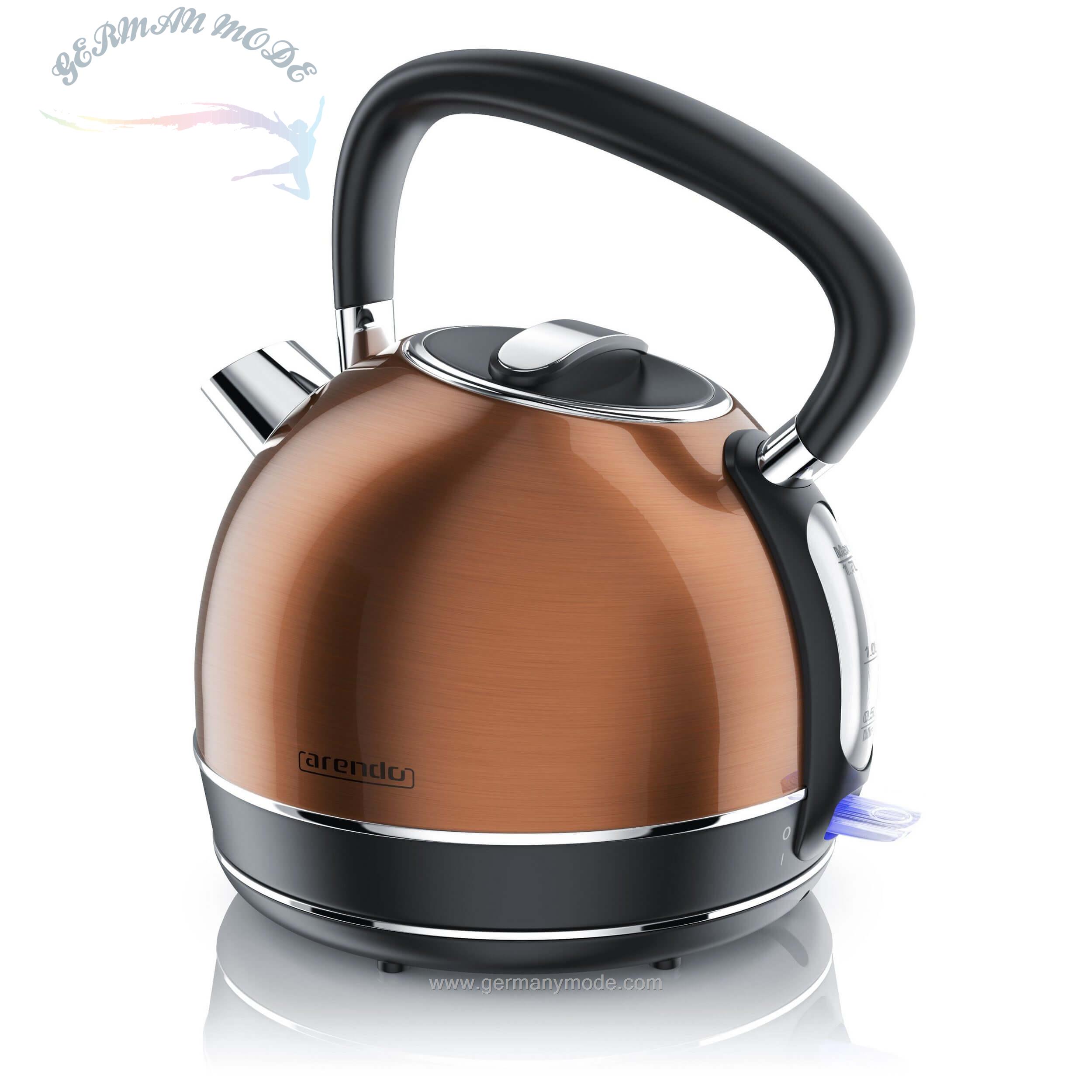 کتری برقی آرندو آلمان Arendo Wasserkocher-- Vintage Retro Style Edelstahl-Wasserkocher im Kupfer Design 1-7 Liter -2200W