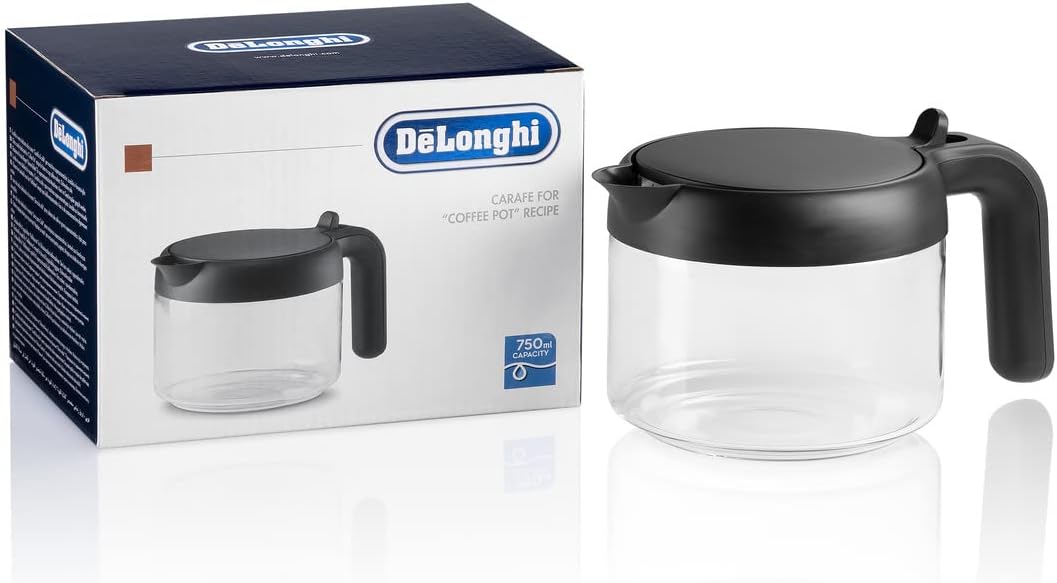 قوری قهوه ساز دلونگی ایتالیا DeLonghi DLSC021، کاراف شیشه ای با درب پلاستیکی تاشو، لوازم جانبی دستگاه های قهوه ساز تمام اتوماتیک با قابلیت قابلمه، ظرفیت 750 میلی لیتر تا 6 فنجان، قابل شستشو در ماشین ظرفشویی، مشکی