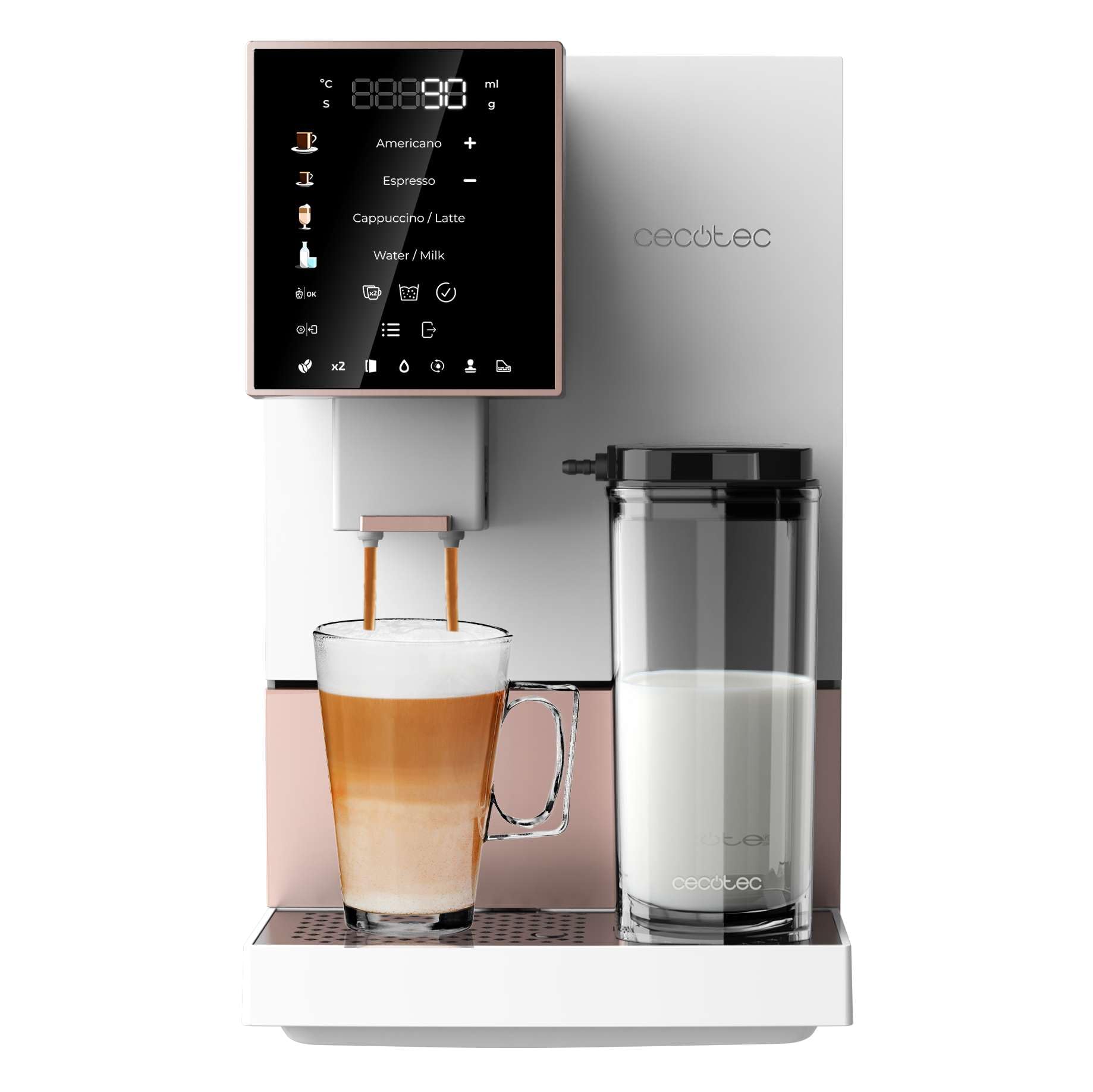 اسپرسو ساز فوق اتوماتیک سکوتک اسپانیا Cecotec مدل Cremmaet Compactccino White Rose، با ظرفیت ۱۹ بار، آسیاب دانه قهوه ۱۵۰ گرم
