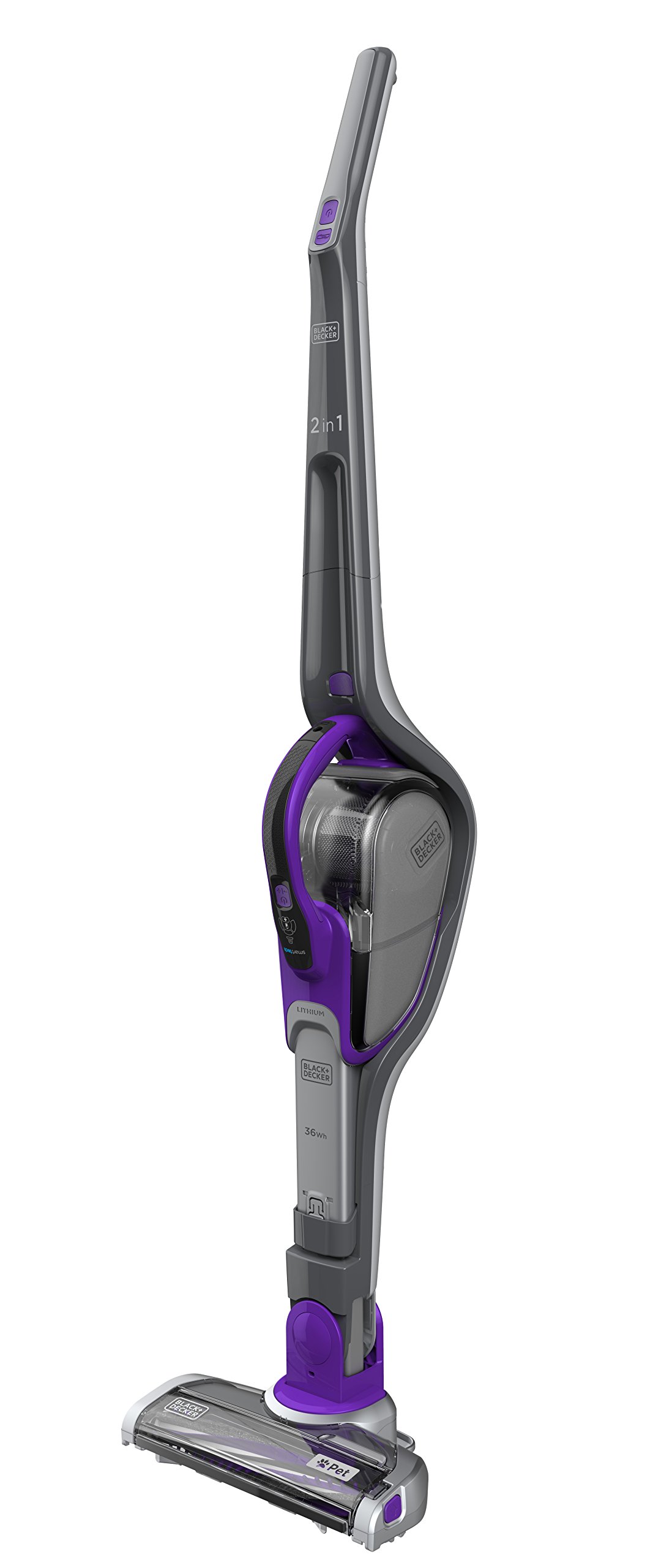 جارو شارژی بلک اند دکر آمریکا Black+Decker 18V، 2.0Ah لیتیوم 2 در 1، جاروبرقی با جاروبرقی دستی SmartTech Pet شامل فیلتر عطر، برس موی حیوان خانگی، برس توربو، سنسور فیلتر، 36 وات ساعت، SVJ520BFSP، Gris، بنفش