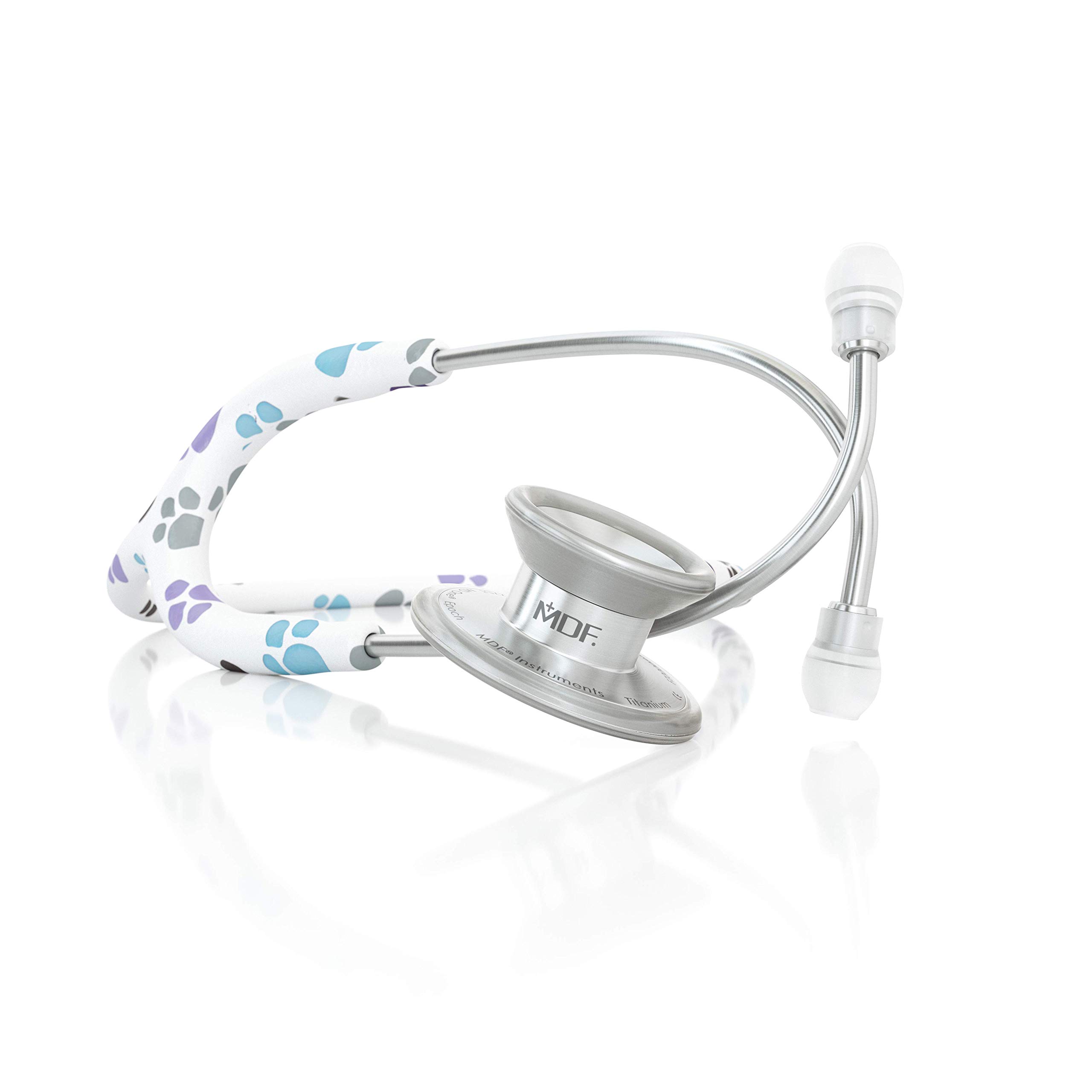 خرید از آمازون - MDF Paws MD One Epoch Stethoscope، نسخه محدود، تیتانیوم سبک وزن، بزرگسالان، دو سر، قطعات رایگان برای زندگی، لوله پنجه، هدفون نقره ای Chestpiece، پنجه های MDF777TPW - نقره ای