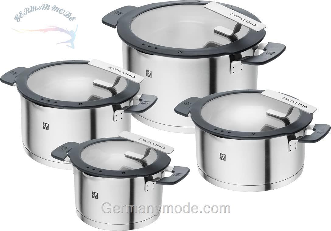 سرویس قابلمه 4 پارچه زولینگ آلمان ZWILLING Simplify Kochtopfset, 4-teilig مجموعه ظروف پخت و پز 4 تکه ساده ZWILLING، با الک یکپارچه در درب، مناسب برای اجاق های القایی، بدون روکش، فولاد ضد زنگ
