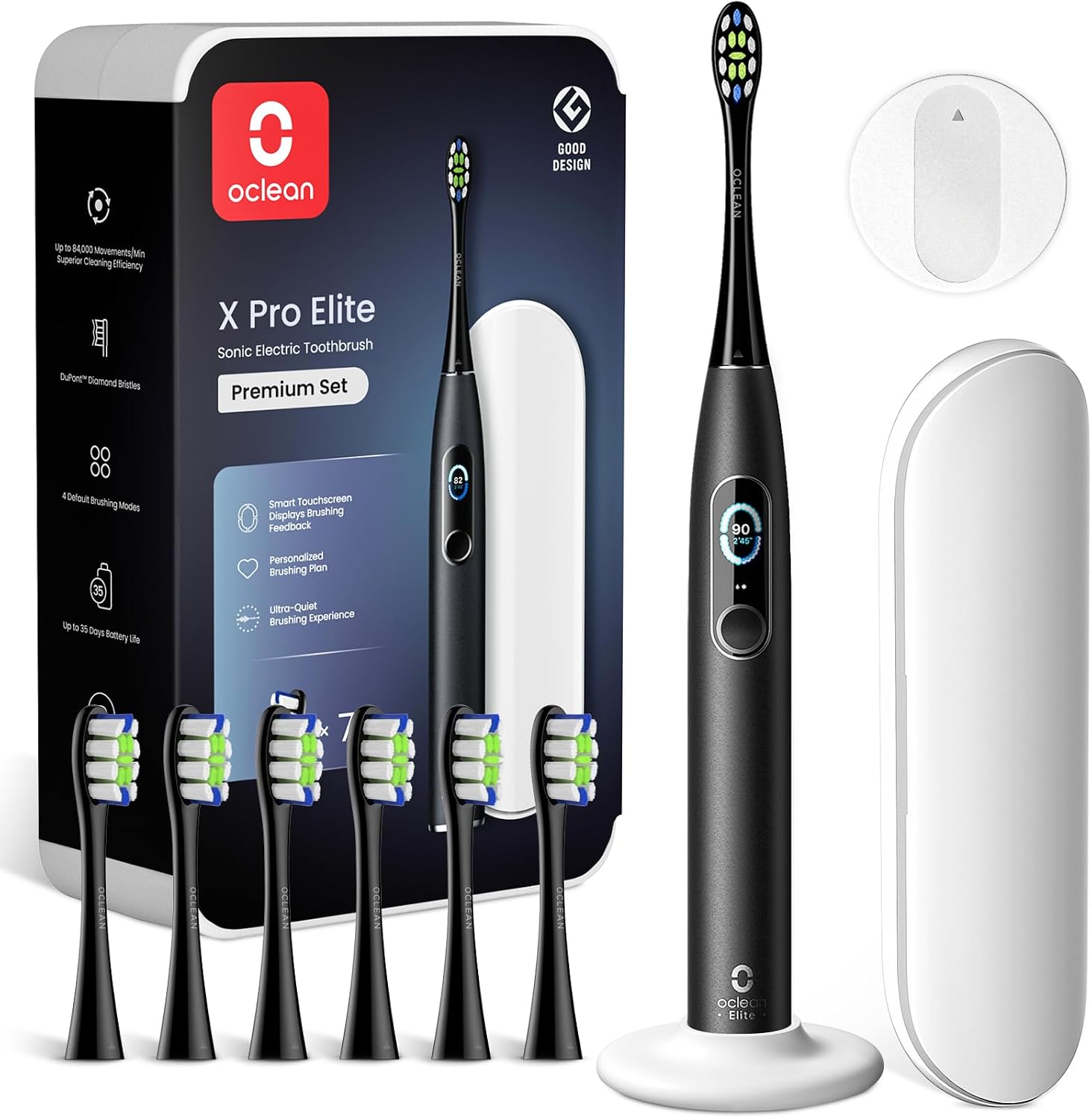 مسواک برقی Oclean Elektrische Zahnbürste X Series Pro با 7 سر مسواک و پایه دیواری و کیف مسافرتی، مسواک Sonic با صفحه لمسی، با تایمر