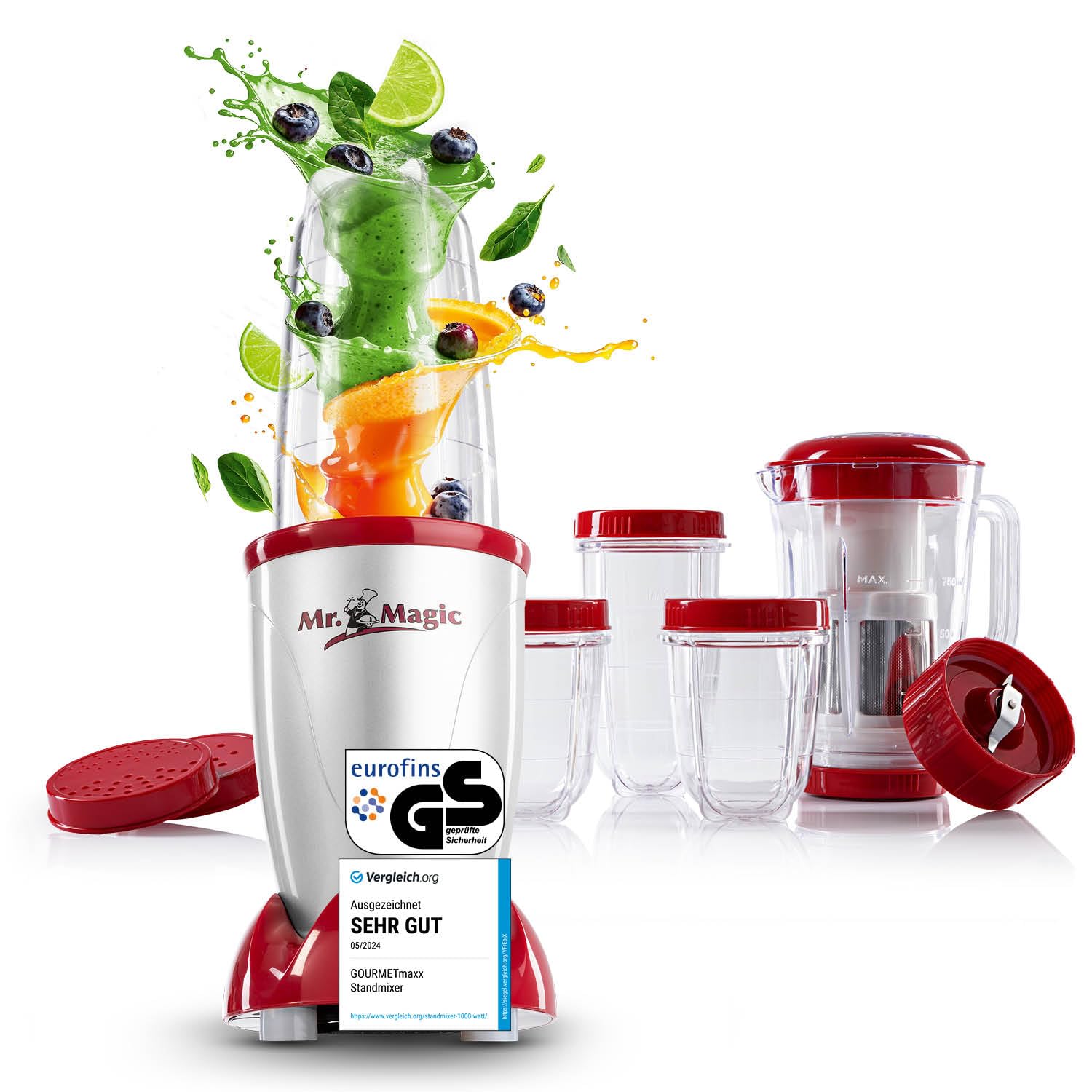 اسموتی ساز گورمت‌ مکس آلمان GOURMETmaxx آقای مجیک | اسموتی ساز با بسته لوازم جانبی XXL | همزن پایه دار ۱۸ تکه | مخلوط کن با درب ضد نشت | غذاساز برای شیک، اسموتی و غیره. آقای مجیک | ۴۰۰ وات | مجموعه XL نقره ای | قرمز