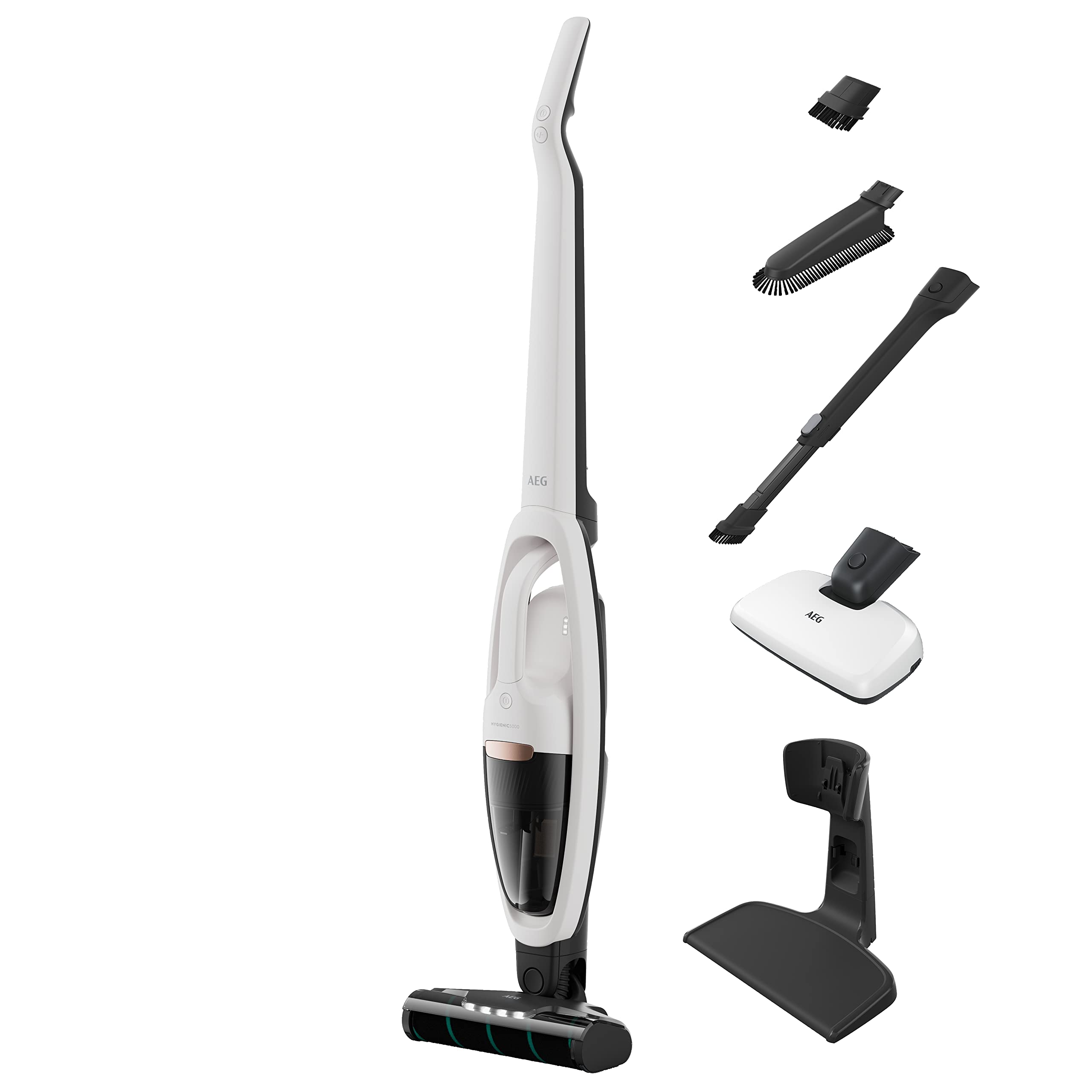 جارو برقی بی‌سیم AEG HYGIENIC 5000 AS52HP25SH / دو کاره / بسیار بی‌صدا ۸۰ دسی‌بل (A) / ۵۸٪ مواد بازیافتی / تا ۵۵ دقیقه زمان کارکرد / اتوماتیک / ایستاده / مناسب برای همه طبقات / شامل لوازم جانبی، سفید مدل ۲۰۲۳ ۲۵.۲ ولت سفید لوازم جانبی کامل