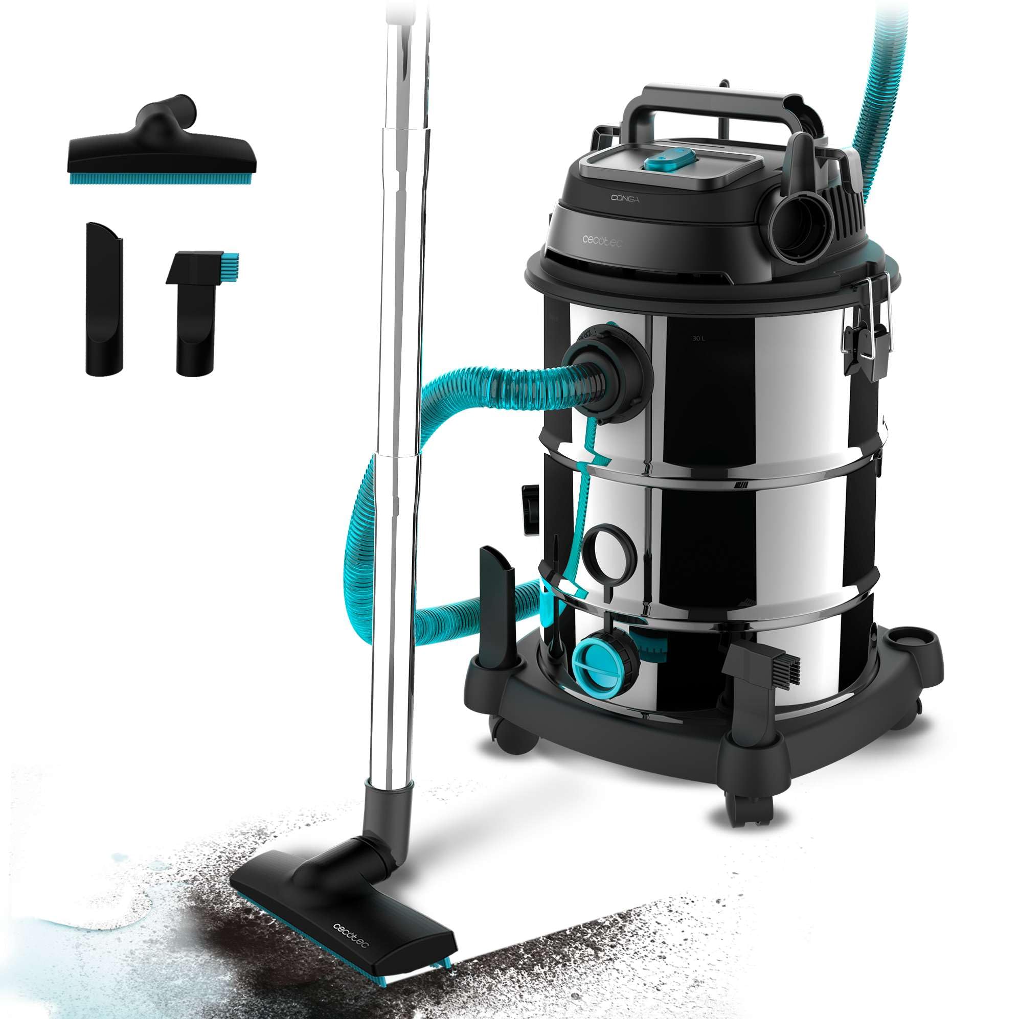 جارو برقی صنعتی خشک و مرطوب سکوتک اسپانیا Cecotec مدل 30  Conga Rockstar Wet  Dry Steel Pro سیستم تخلیه، مکش و دمش، شعاع عملکرد ۵ متر