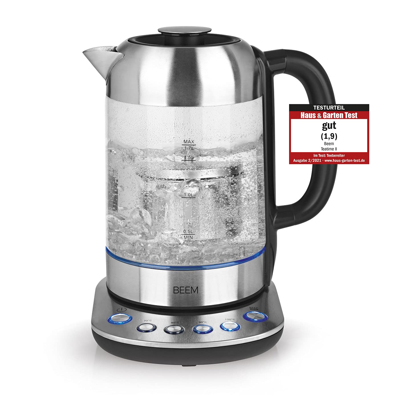 خرید از آمازون - BEEM TEATIME II Tee- und Wasserkocher mit Temperatureinstellung, 1,7 Liter | Inklusive Teesieb aus Edelstahl | LED Beleuchtung | Glas & Edelstahl