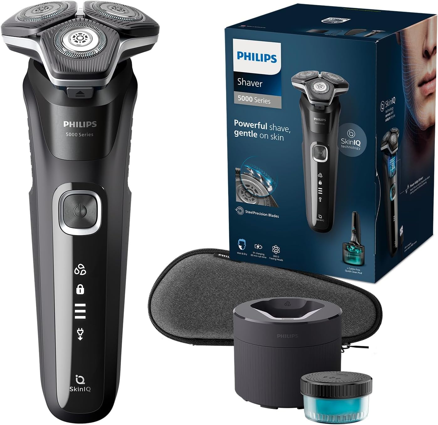 ریش تراش فیلیپس (مدل S5898/50) Philips Shaver Series 5000 - ریش تراش مردانه مرطوب و خشک با ماشین اصلاح تاشو، ایستگاه تمیز کردن، کارتریج تمیز کردن و کیف مسافرتی شامل ایستگاه تمیز کردن، کارتریج تمیز کردن و کیف مسافرتی