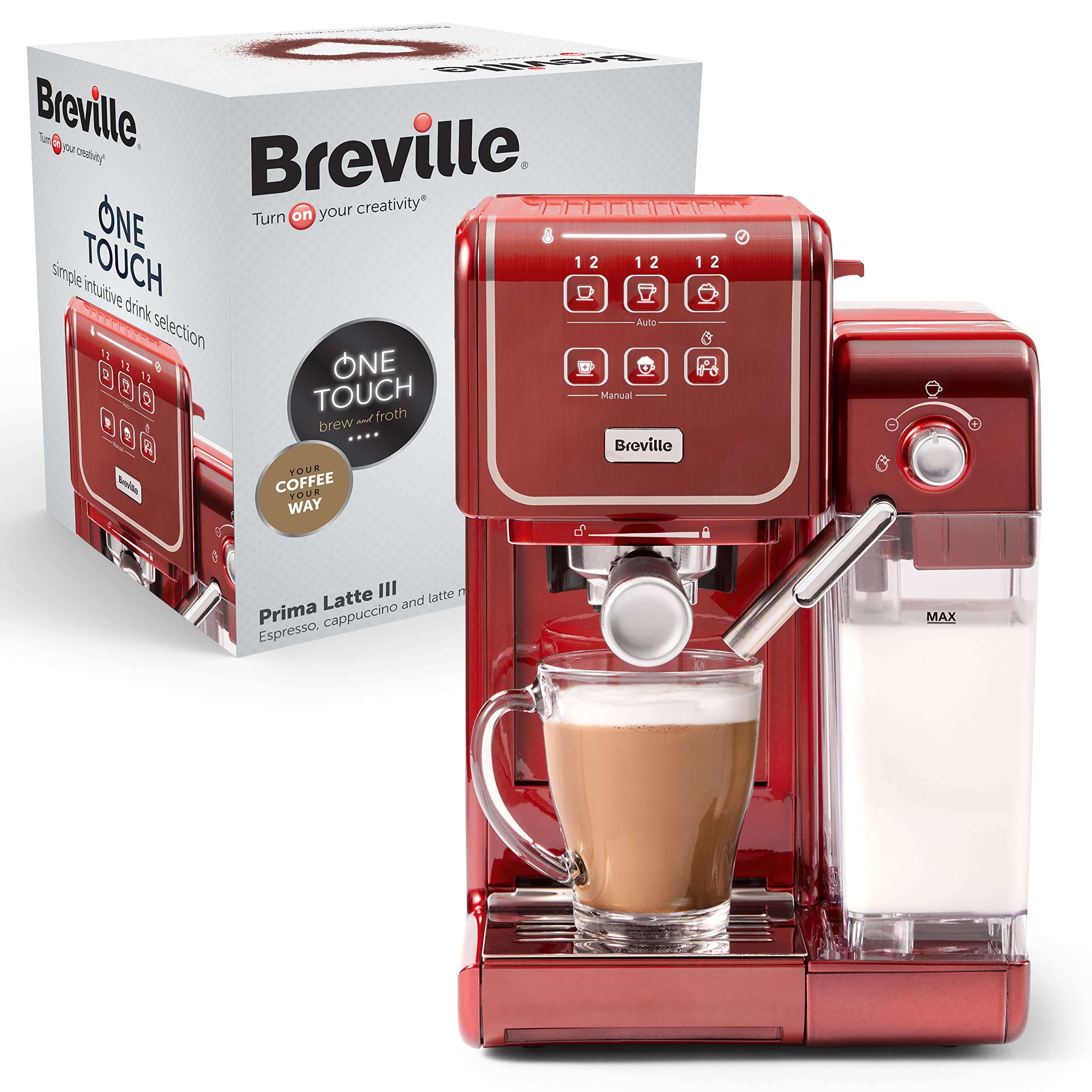 خرید از آمازون - دستگاه پورتافیلتر Breville Prima Latte III | دستگاه اسپرسوساز/قهوه ساز تمام اتوماتیک با کف کننده شیر و پمپ ایتالیایی 19 بار | سازگار با پدهای ESE | قرمز [VCF147X]