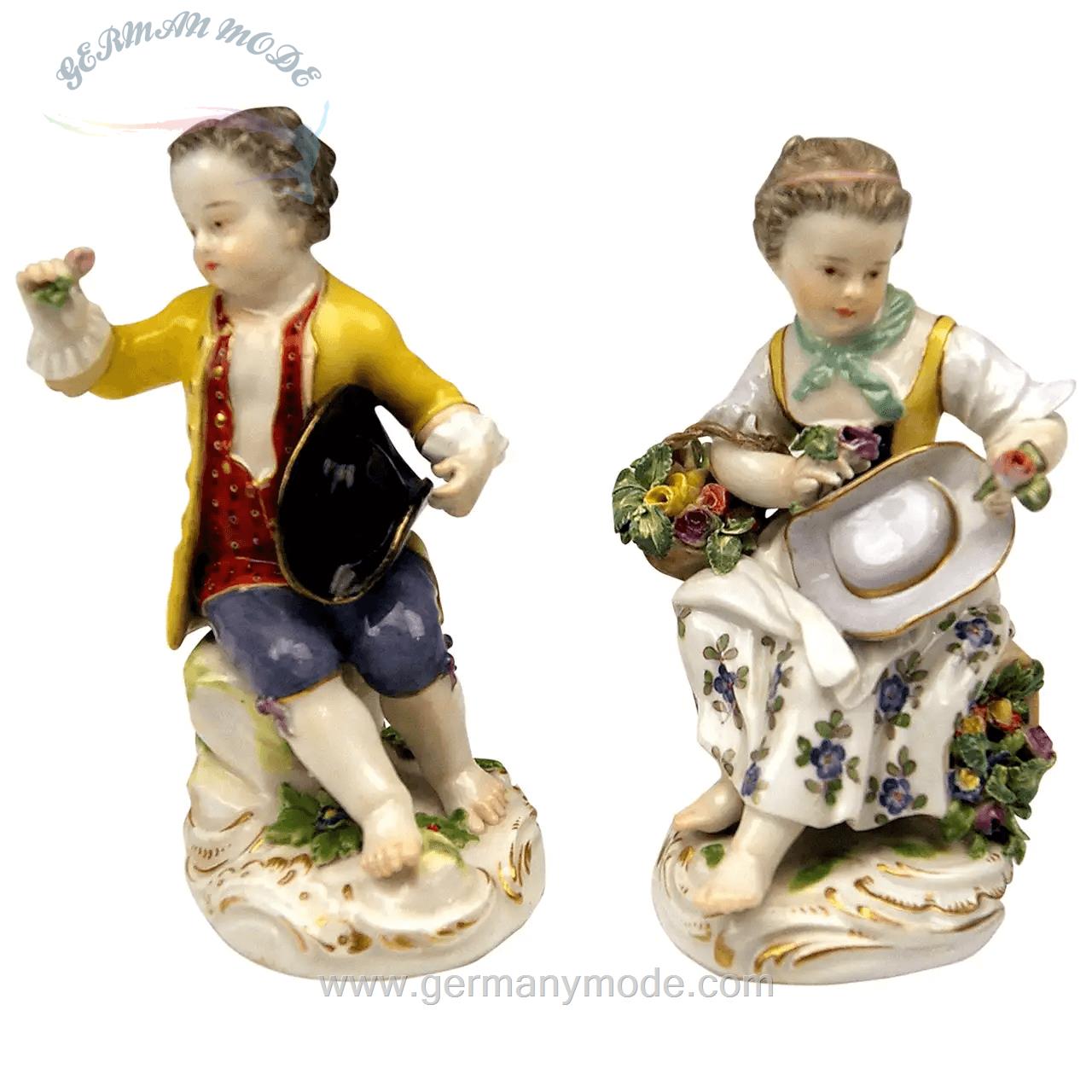 مجسمه دست ساز دکوری چینی آنتیک قدیمی Meissen Paar Gartenarbeiter Kinder Rokoko Figuren Modell 17 von Kaendler 1870