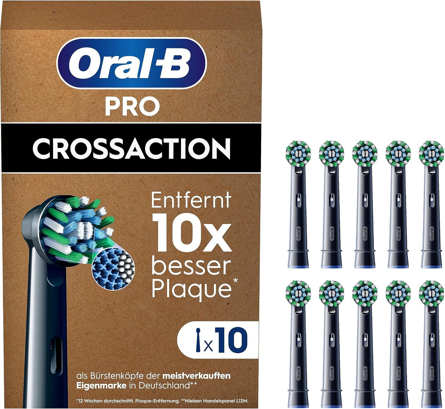 سری 10عددی مسواک برقی اورال بی آمریکا Oral-B Pro CrossAction برای مسواک برقی، 10 عدد، تمیز کننده دندان، برس X، ضمیمه مسواک Oral-B اصلی، بسته بندی سازگار با صندوق پست، ساخت آلمان، مشکی