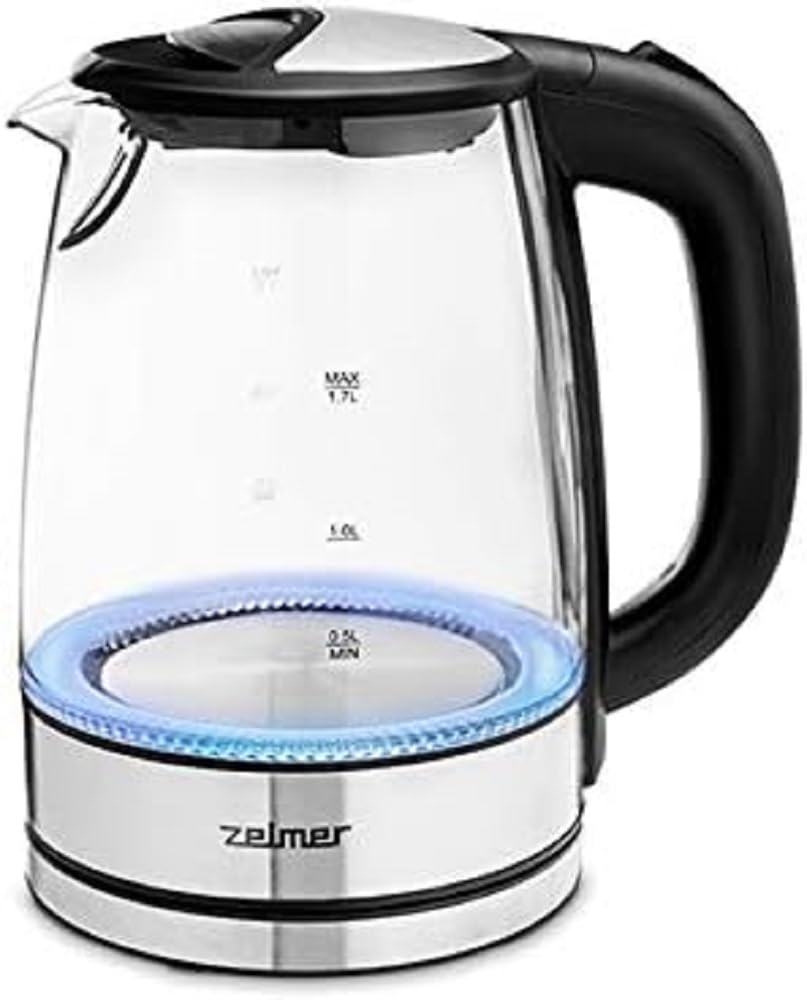 کتری برقی شیشه‌ ای زلمر لهستان Zelmer ZCK8024، ۱.۷ لیتر، ۲۲۰۰ وات، فیلتر ضد رسوب، بدون BPA، خاموش شدن خودکار، پایه چرخان، نور پس زمینه LED