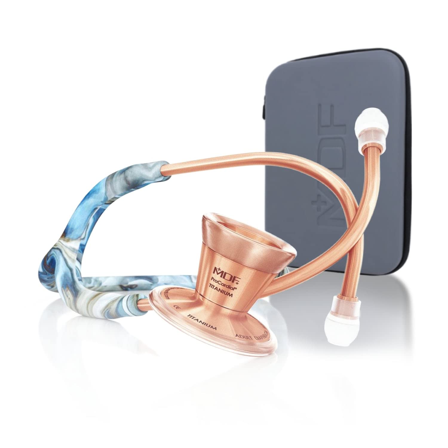 خرید از آمازون - استتوسکوپ MDF BOTSWANA AGATE ProCardial Cardiology، تیتانیوم سبک، بزرگسالان، دو سر، لوله بنفش براق، هدست رزگلد، MDF797TBTRG+ قاب مسافرتی MDF رزگلد - عقیق بوتسوانا