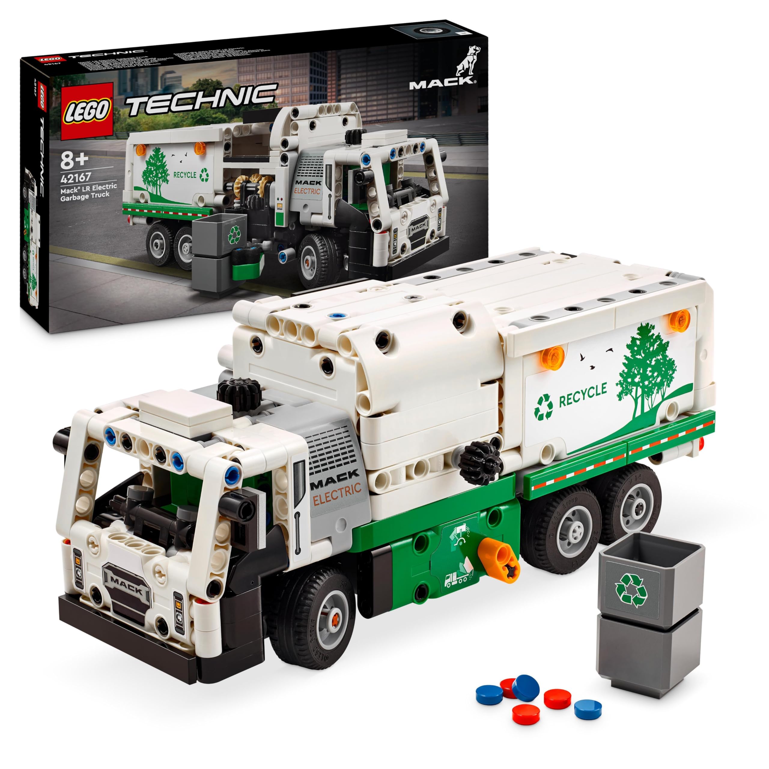 خرید از آمازون - کامیون زباله الکتریکی LEGO Technic Mack LR، مدل کامیون زباله برای بازیافت نقش بازی، اسباب بازی کامیون قابل ساخت برای کودکان، هدیه ماشین برای پسران و دختران 8 سال به بالا که عاشق وسایل نقلیه هستند 42167