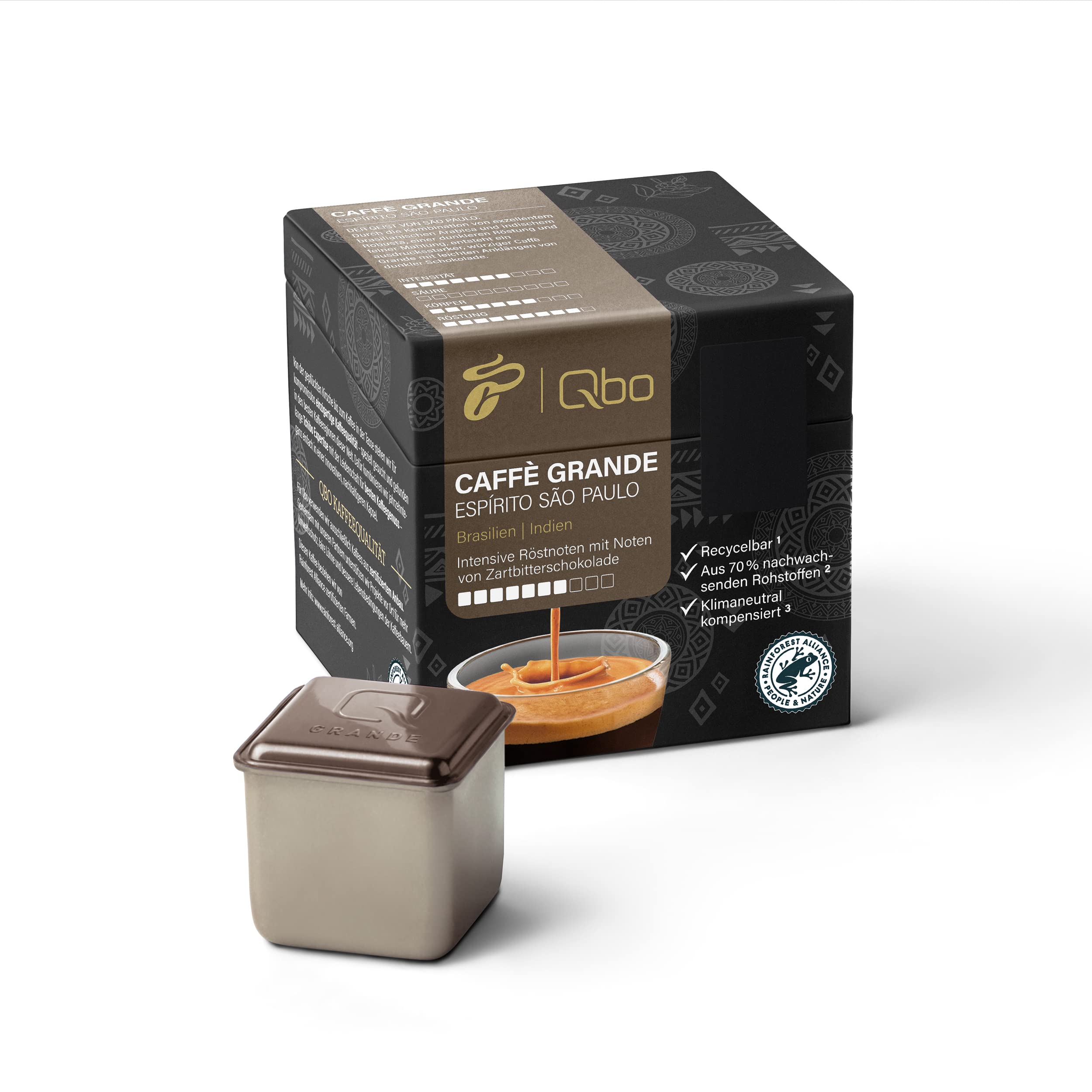 خرید از آمازون - کپسول قهوه ممتاز Tchibo Qbo Caffè Grande Espírito São Paulo، 8 تکه (Caffè Grande، شدت 7/10، بسیار معطر)، پایدار، ساخته شده از 70٪ مواد خام تجدیدپذیر و جبران خنثی از آب و هوا بسیار معطر با شکوفه های یاس سبک (بدون شکوفه های یاس) بسته 1 عددی)