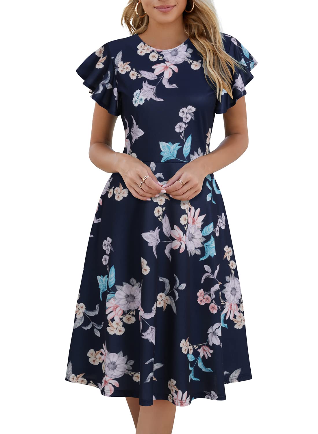 خرید از آمازون - Womens Elegant Vintage Cotton Casual Floral Print Work Party A-Line Swing Dress with Pockets 978 Navy Pink S