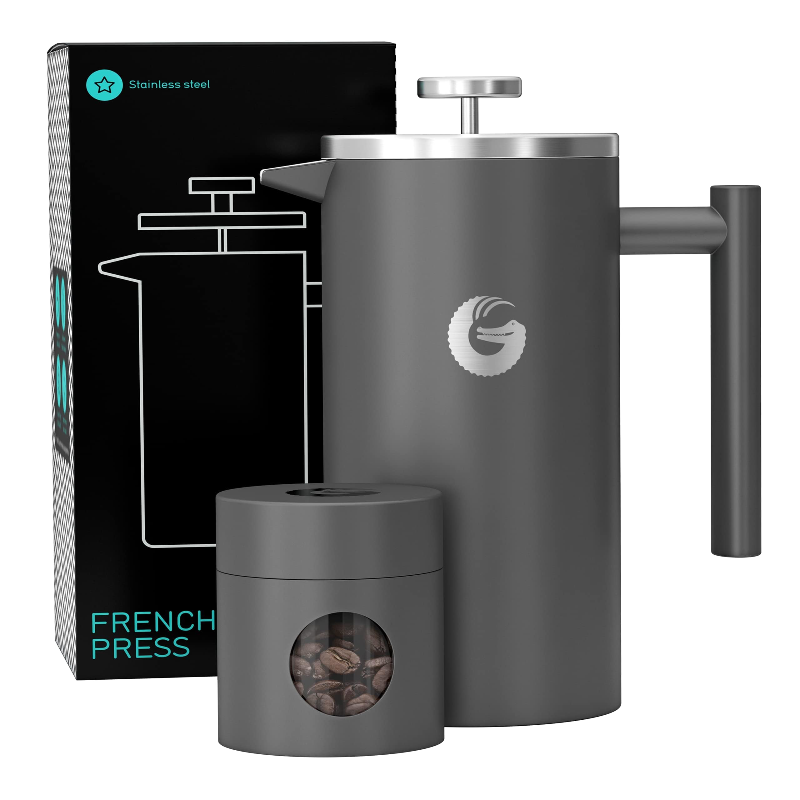 قهوه ساز فرنچ پرس فرانسوی Coffee Gator – داغ تر برای آبجو حرارتی طولانی تر – پارچ مسافرتی پلاس – ظرفیت بزرگ، عایق دو جداره، فولاد ضد زنگ قابل شستشو در ماشین ظرفشویی – 1 لیتر – خاکستری