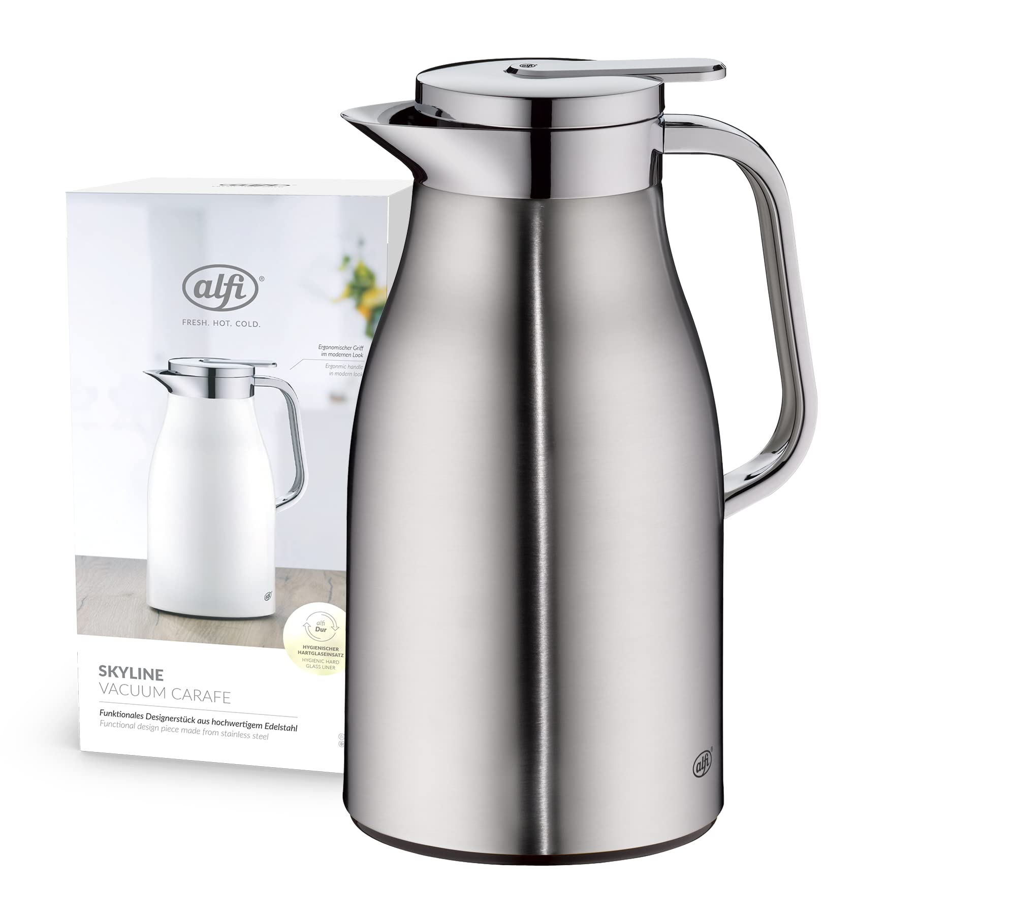 خرید از آمازون - alfi SKYLINE 1.0l، حصیر استیل ضد زنگ، جاروبرقی فولادی ضد زنگ با درج شیشه ای بهداشتی، درپوش پیچی با دکمه فشاری راحت، دسته ارگونومیک، با یک دست، ایده آل برای قهوه جوش