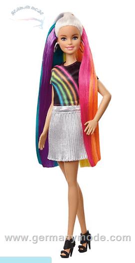 عروسک با موهای رنگین کمانی Mattel Barbie Regenbogen Glitzerhaar Puppe (blond), Anziehpuppe, Barbie mit bunten Haaren