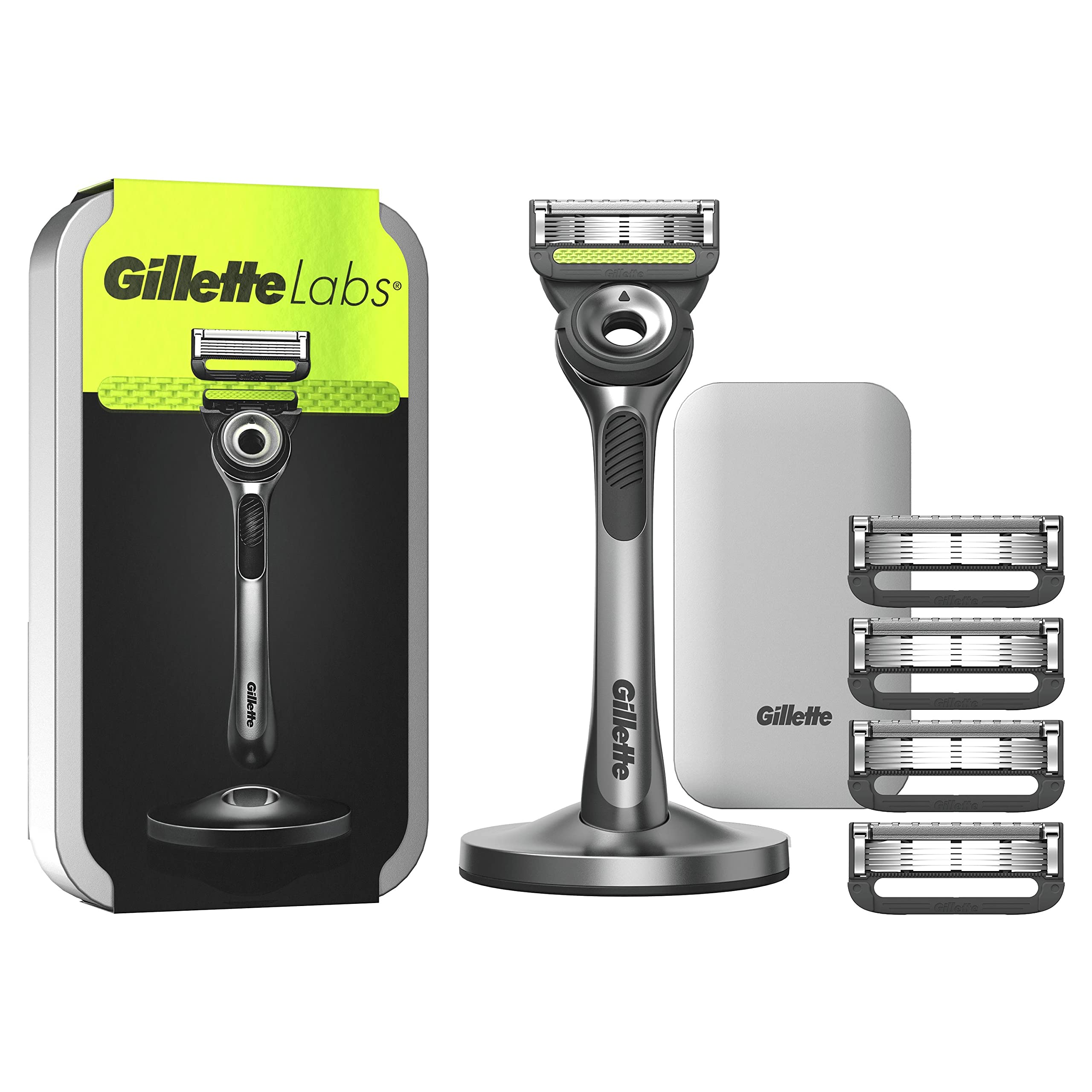 خرید از آمازون - ریش تراش مردانه Gillette LABS، با 5 تیغ اصلاح جایگزین، پایه مغناطیسی و نوار یکپارچه حذف ناخالصی های پوست، اصلاح آسان، راحتی مطلوب، دسته راحت، کیف مسافرتی، خاکستری 1 واحد (بسته 1) خاکستری