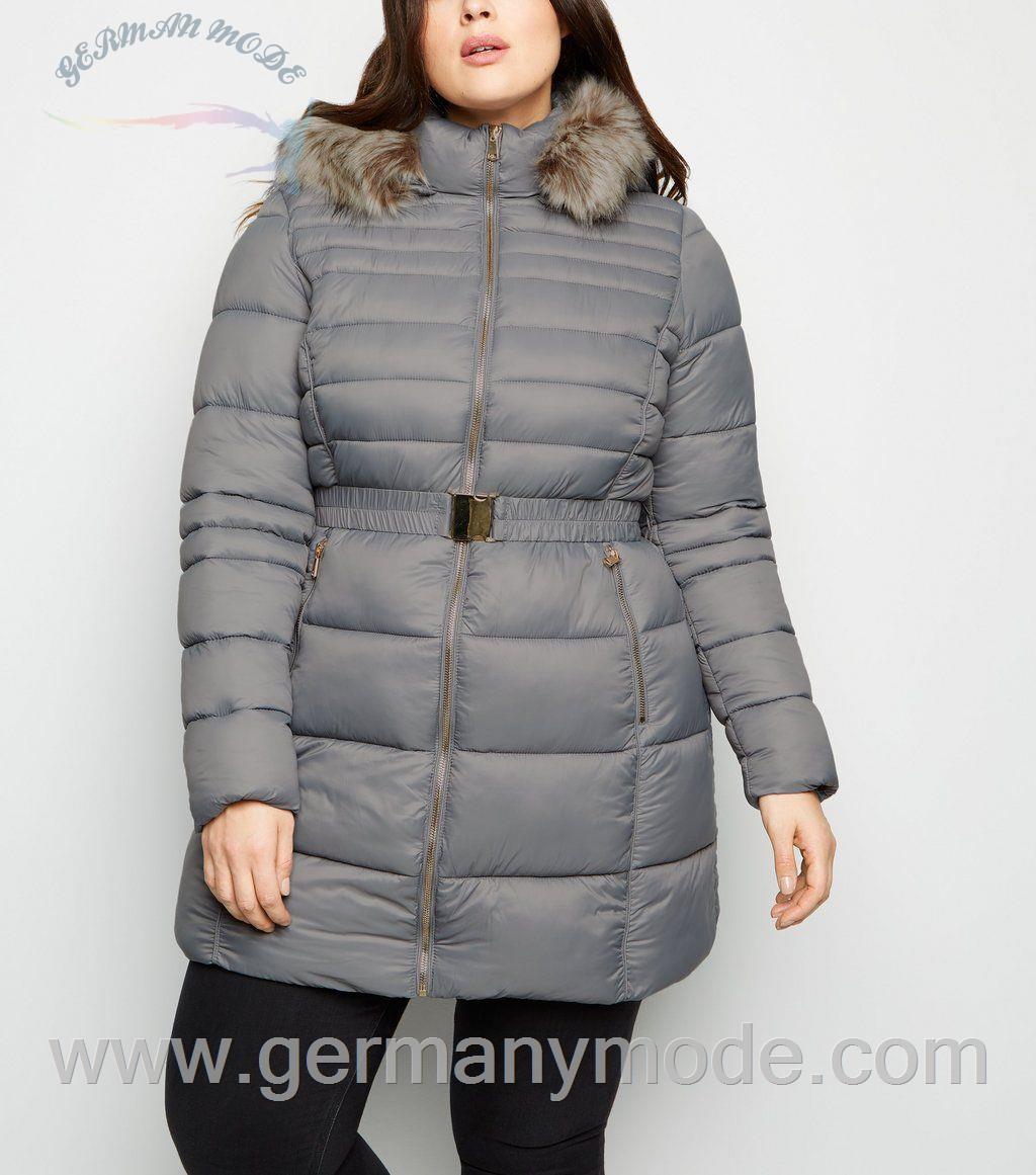 کاپشن زنانه نیولوک (انگلستان) Curves Grey Faux Fur Trim Belted Puffer Coat