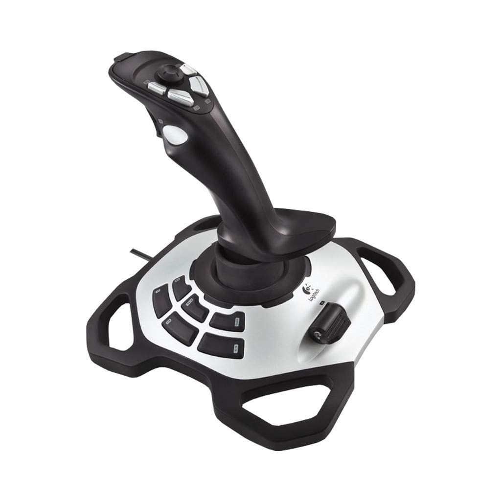 دسته دنده ای بازی کامپیوتری Logitech G Extreme 3D Pro Joystick، کنترل سکان چرخشی، 12 دکمه قابل برنامه ریزی، سوئیچ پانورامای 8 جهته، پایه پایدار، ماشه آتش سریع، پورت USB، کامپیوتر - مشکی/نقره ای