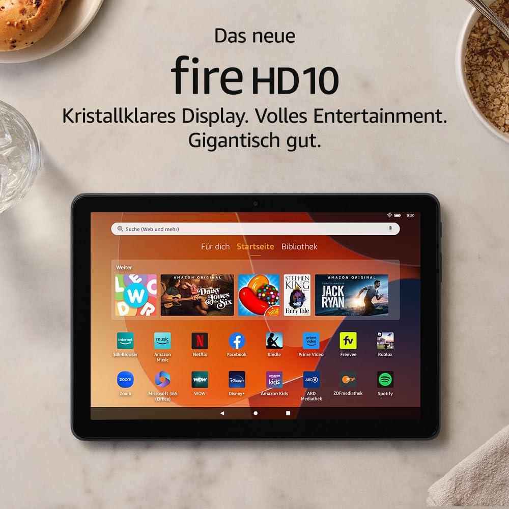خرید از آمازون - تبلت جدید Fire HD 10 2023، بهینه سازی شده برای آرامش، صفحه نمایش درخشان 10.1 اینچی فول اچ دی، پردازنده هشت هسته ای، 3 گیگابایت رم، تا 13 ساعت عمر باتری، 32 گیگابایت، مشکی، با تبلیغات