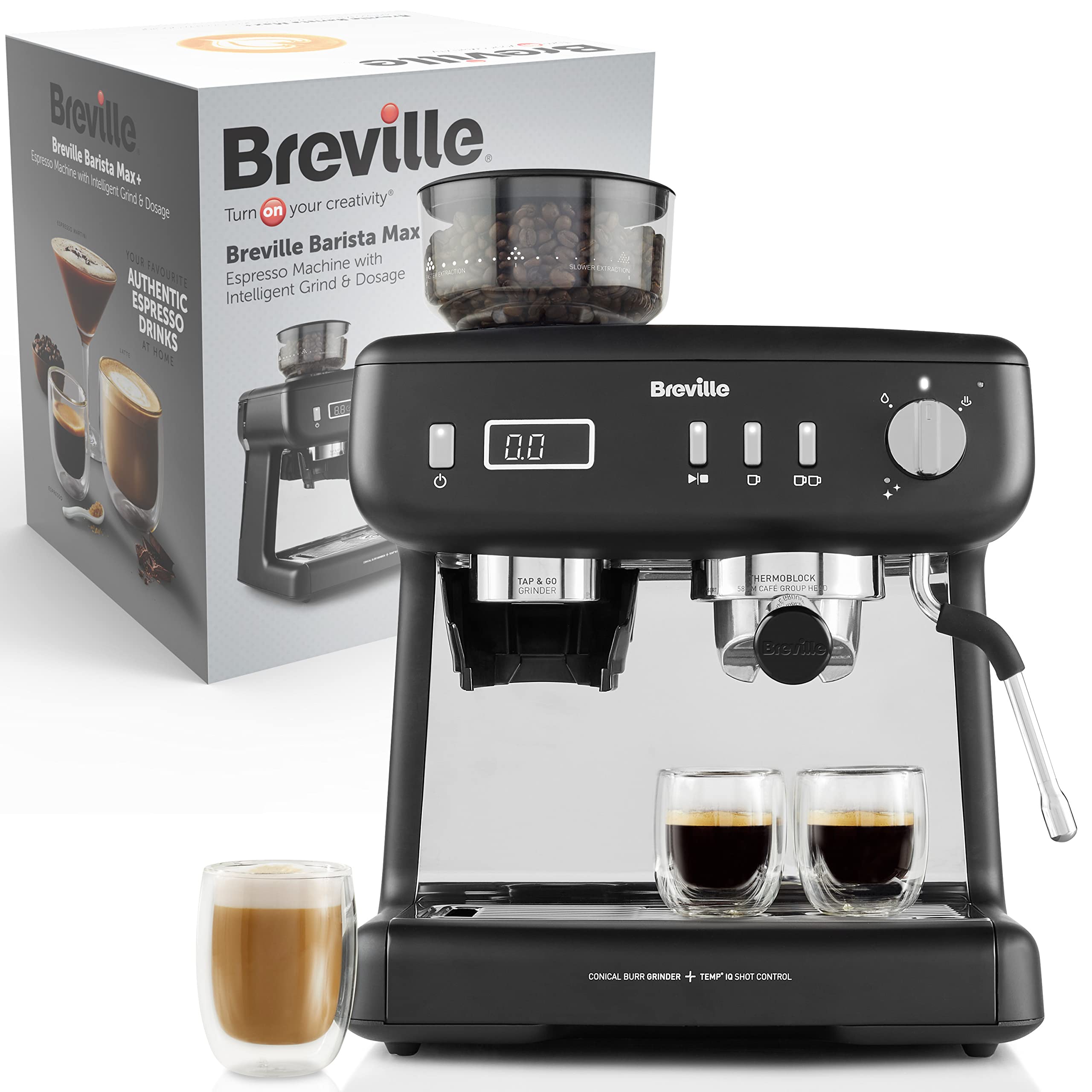 خرید از آمازون - دستگاه پورتافیلتر Breville Barista Max+ | دستگاه اسپرسوساز با آسیاب و دوز هوشمند | کفگیر شیر یکپارچه | تایمر دقیق برای استخراج | پمپ 15 بار | مشکی Barista Max+ با آسیاب قهوه