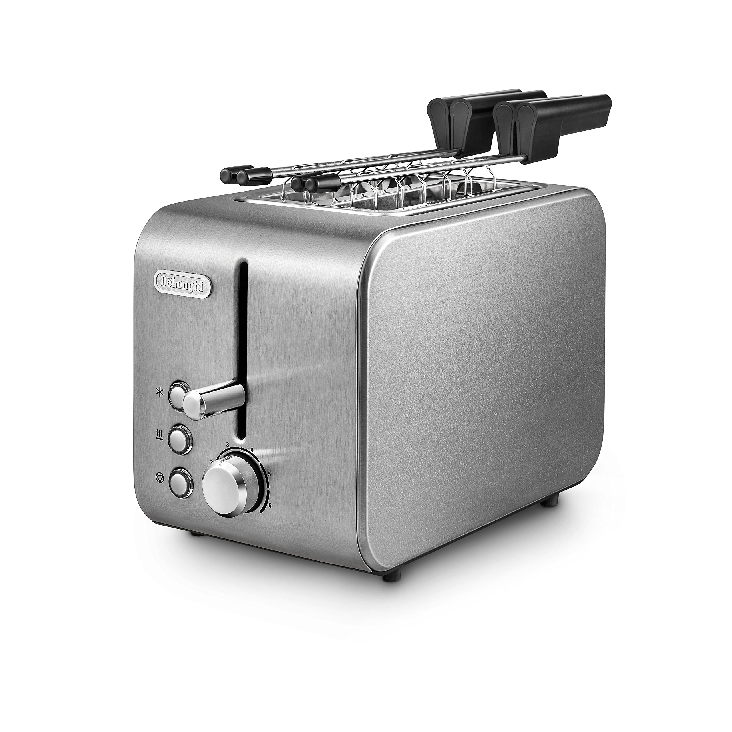 توستر De'Longhi CTX2203.S با انبر، کنترل بدون پله درجه قهوه ای شدن، 3 کاره، سینی خرده نان، پایه ضد لغزش، قدرت 550 وات، پلاستیک، نقره ای