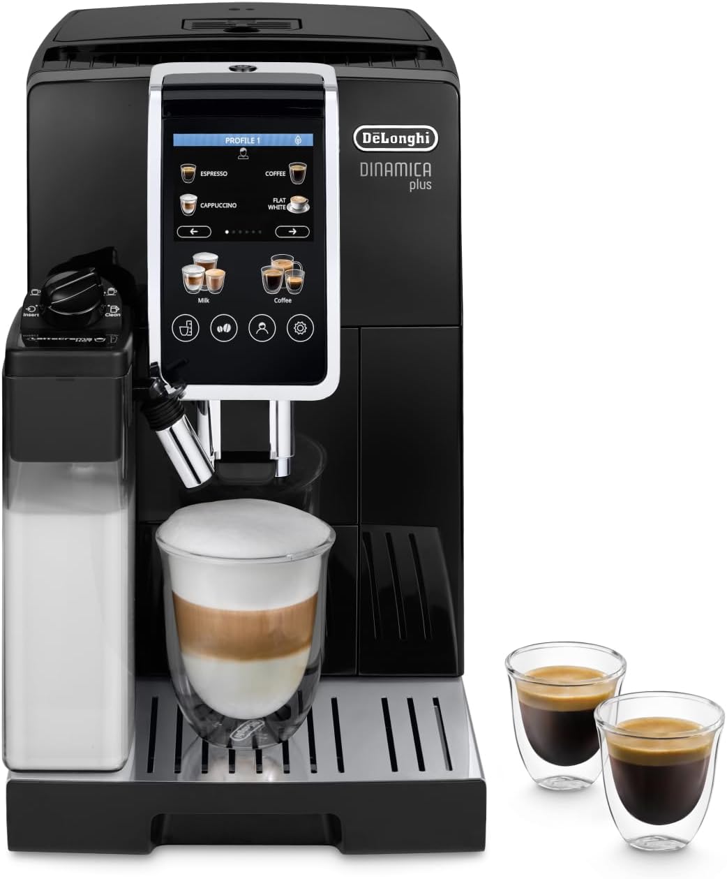 اسپرسو ساز تمام اتوماتیک دلونگی ایتالیا DeLonghi Dinamica Plus ECAM382.70.B قهوه ساز تمام اتوماتیک دانه های قهوه، دستگاه کاپوچینو با LatteCrema Hot، دستگاه اسپرسوساز با 18 دستور پخت، نمایشگر 3.5 اینچی TFT، 1450 وات، قهوه ساز تمام اتوماتیک مدل مشکی 2023