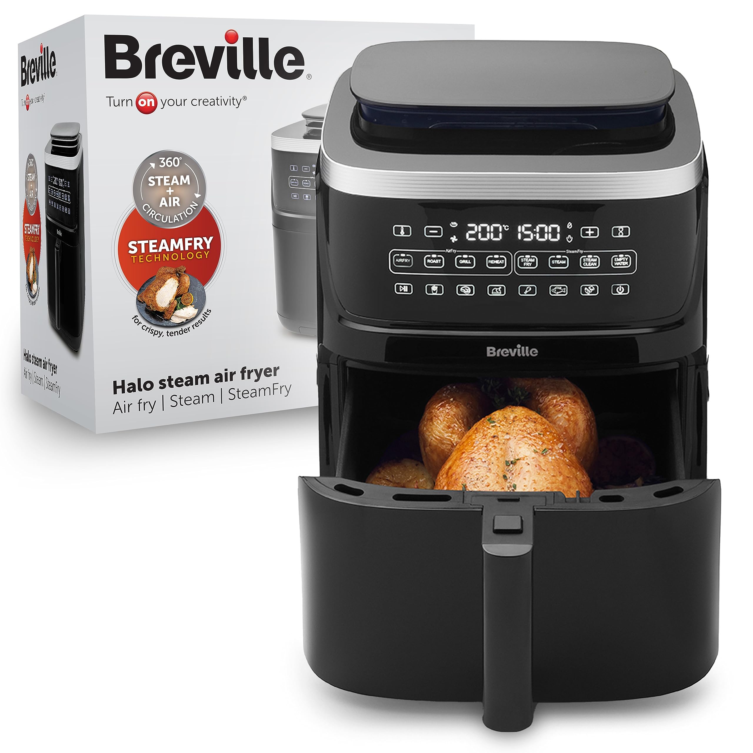 خرید از آمازون - Breville Halo Steam Air Fryer | سرخ کن دیجیتال 7 لیتری هوای گرم با تکنولوژی SteamFry | 50 درصد مصرف انرژی بیشتر | 1700 وات | مشکی [VDF133X] | فیش EU 7L