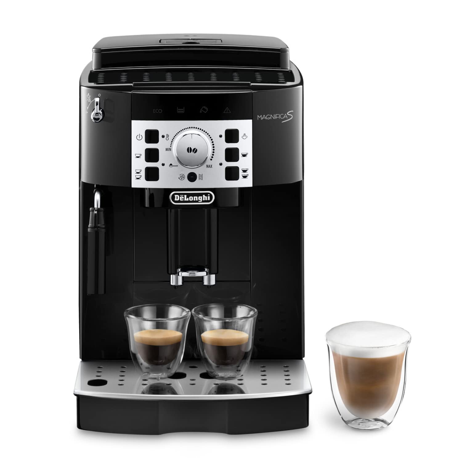 خرید از آمازون - DeLonghi Magnifica S ECAM 22.110.B Perfetto Kaffeevollautomat mit Milchaufschäumdüse, EXKLUSIV BEI AMAZON, Direktwahltasten für Espresso & Kaffee, 2TassenFunktion, 1,8 l Wassertank, schwarz/silber Schwarz mit Chromfinish
