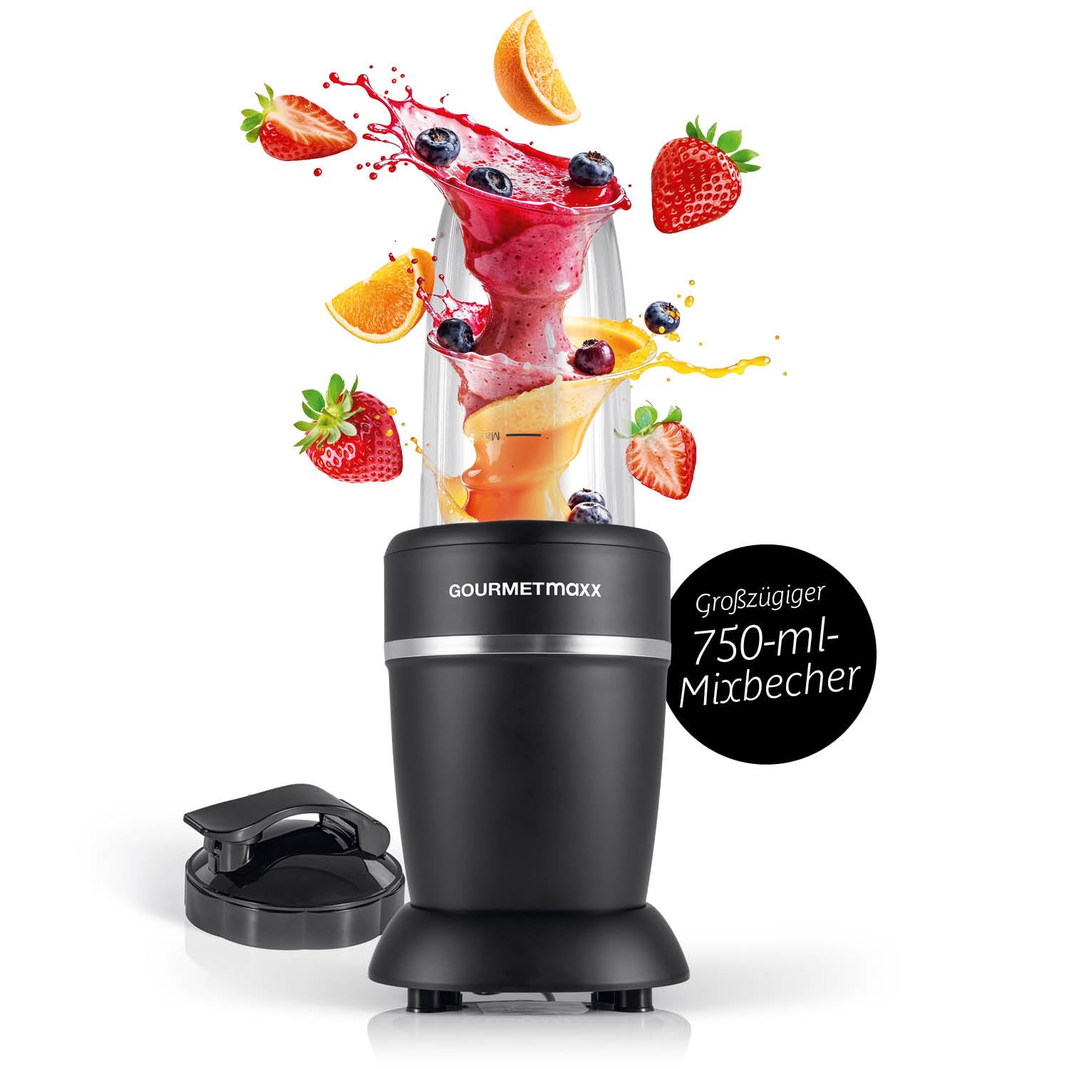 اسموتی ساز گورمت‌ مکس آلمان GOURMETmaxx | همزن برقی ایستاده برای افزایش ویتامین در حال حرکت | مخلوط‌کن تغذیه‌ای با درب ضد نشت | مخلوط‌کن، غذاساز برای تهیه شیک و موارد دیگر. قدرت مخلوط‌کن تغذیه‌ای + | ۱۰۰۰ وات | مجموعه M مشکی | استیل ضد زنگ