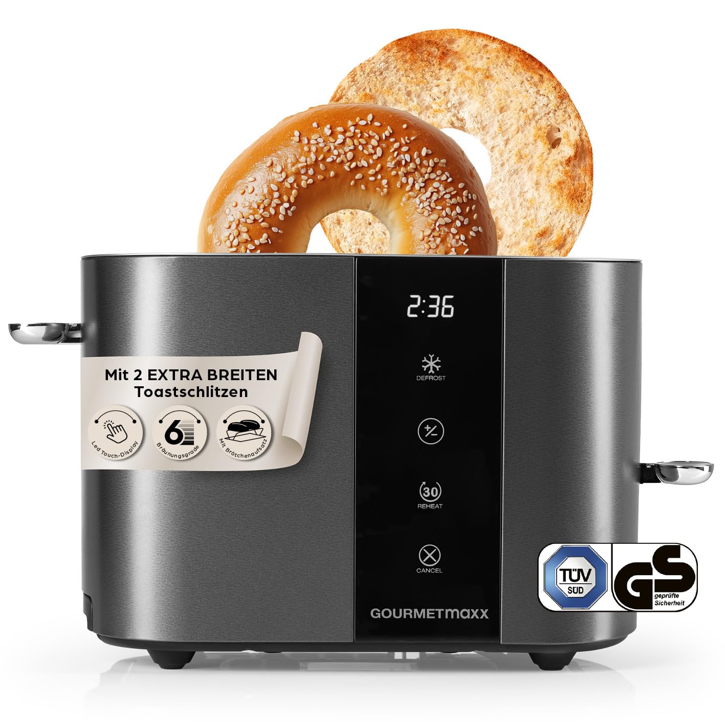 توستر دو تکه‌ای گورمت‌ مکس آلمان GOURMETmaxx با شیار کوتاه | توستر آنتراسیت با 6 سطح برشته شدن و شمارش معکوس آماده شدن غذا | لوازم آشپزخانه برقی با صفحه نمایش لمسی، گرم‌کن نان و عملکرد گرم کردن | خاکستری